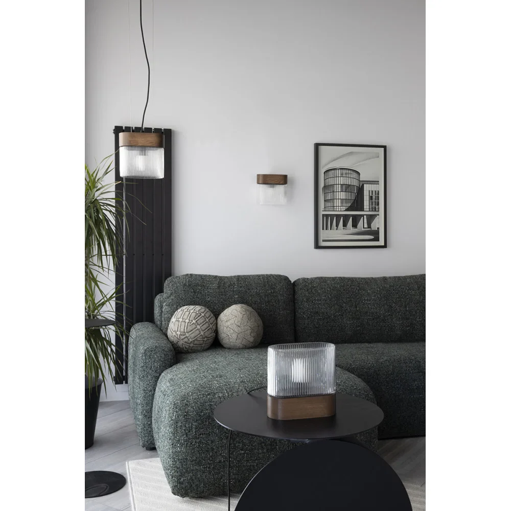 Lampa wisząca FLUMINA szkło ryflowane i czarne drewno jesionowe - Image 6