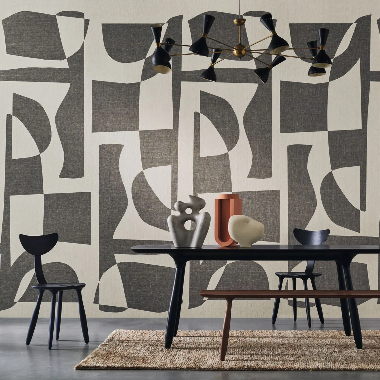 Mural tekstylny z geometrycznym wzorem CONCORDANCE beżowy z brązowym