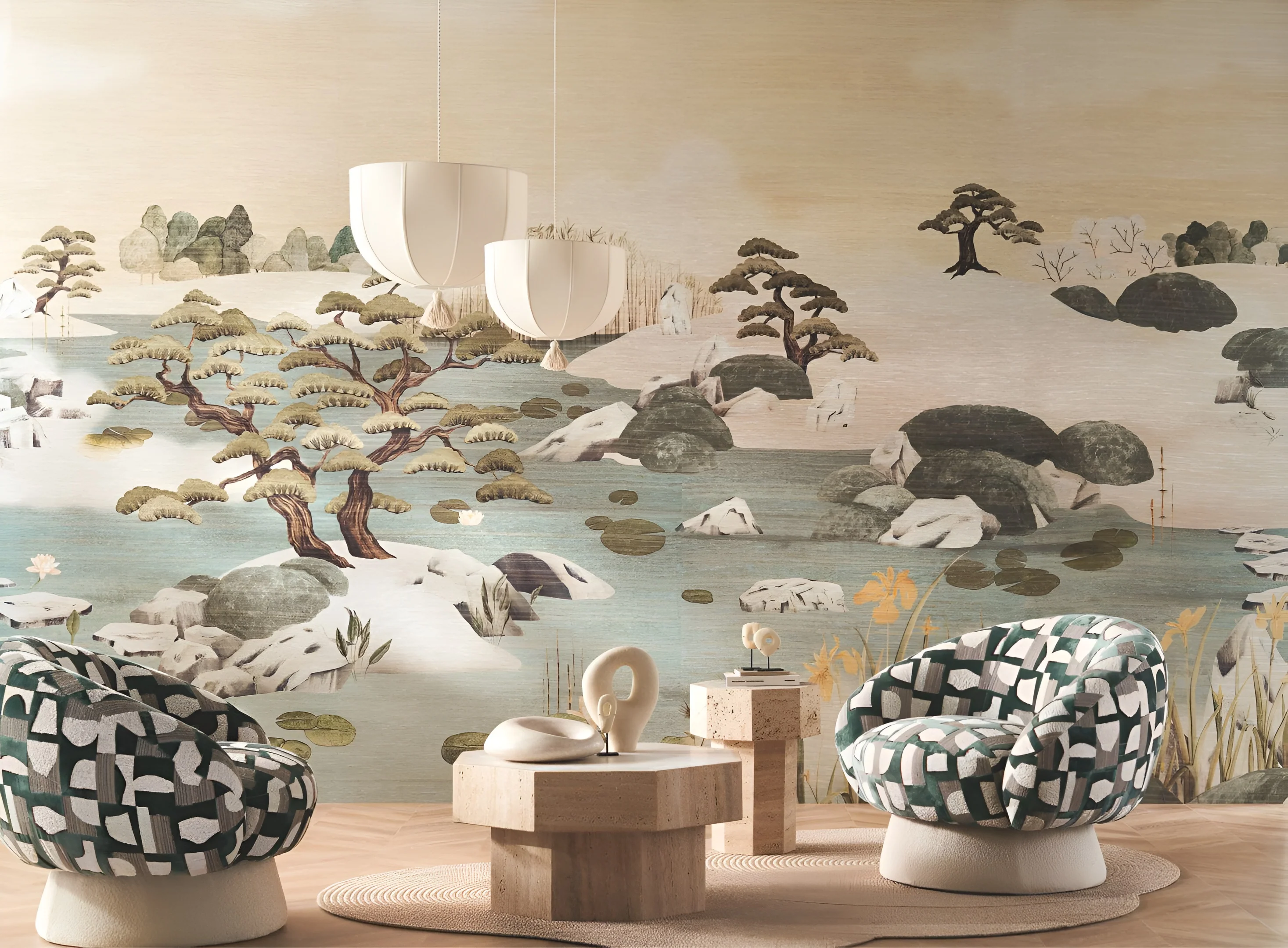 Mural tekstylny z japońskim krajobrazem ADACHI - SABLE OPALINE zgaszony beż z zielonym - Image 2