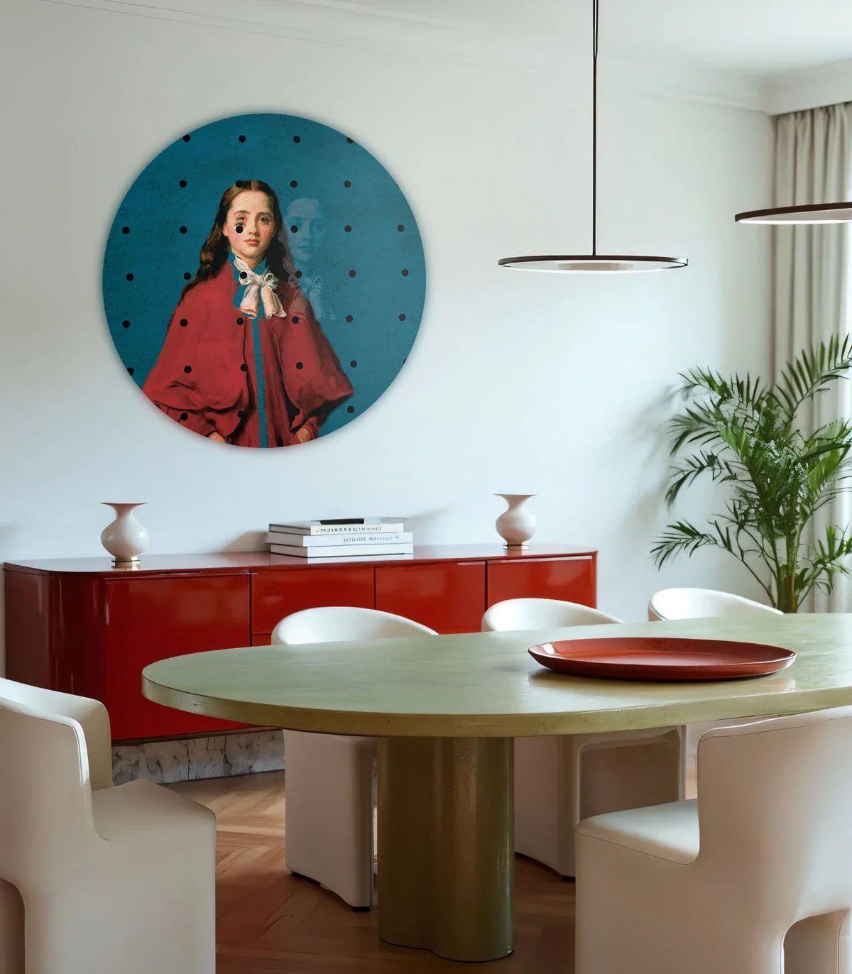Mural w kształcie koła DOTS - GIRL IN RED niebieski z czerwonym - Image 4
