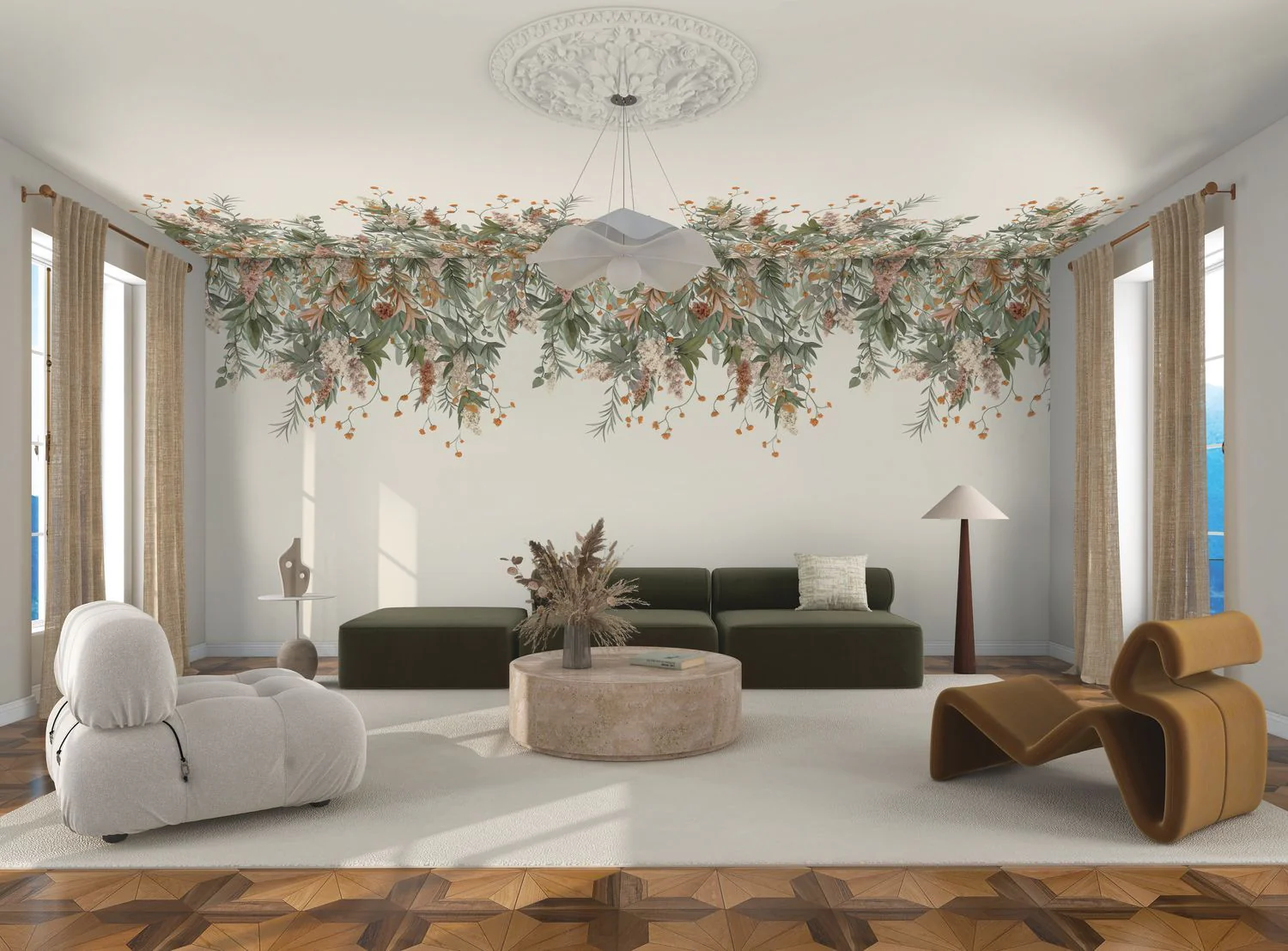 Mural z motywem roślinnym liści WISTERIA zielony z beżowym - Image 2