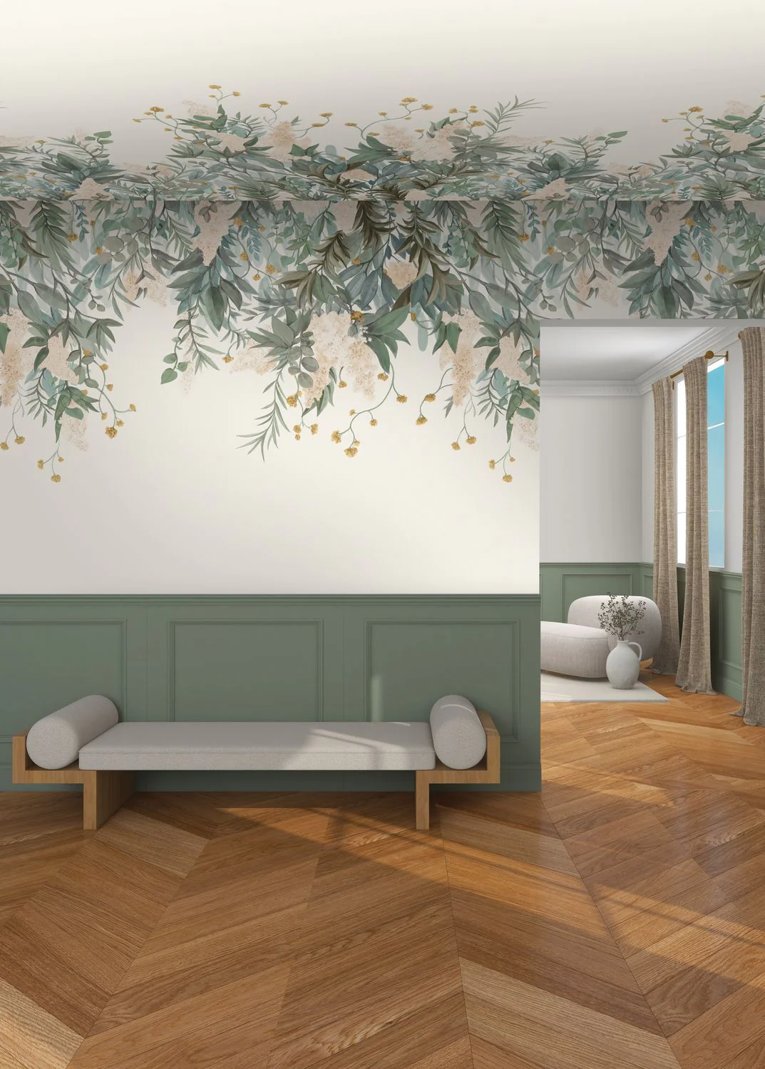 Mural z motywem roślinnym liści WISTERIA zielony z beżowym - Image 5