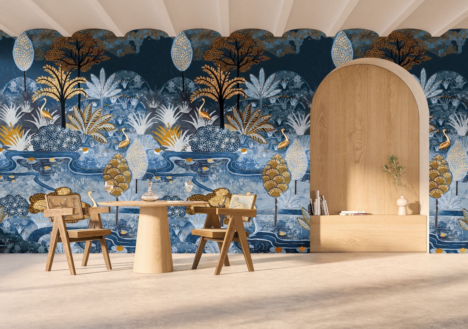 Mural z motywem roślinnym i zwierzęcym ptaków ARUBA - BLEU D'EGYPTE ciemny niebieski z żółtym - Image 2