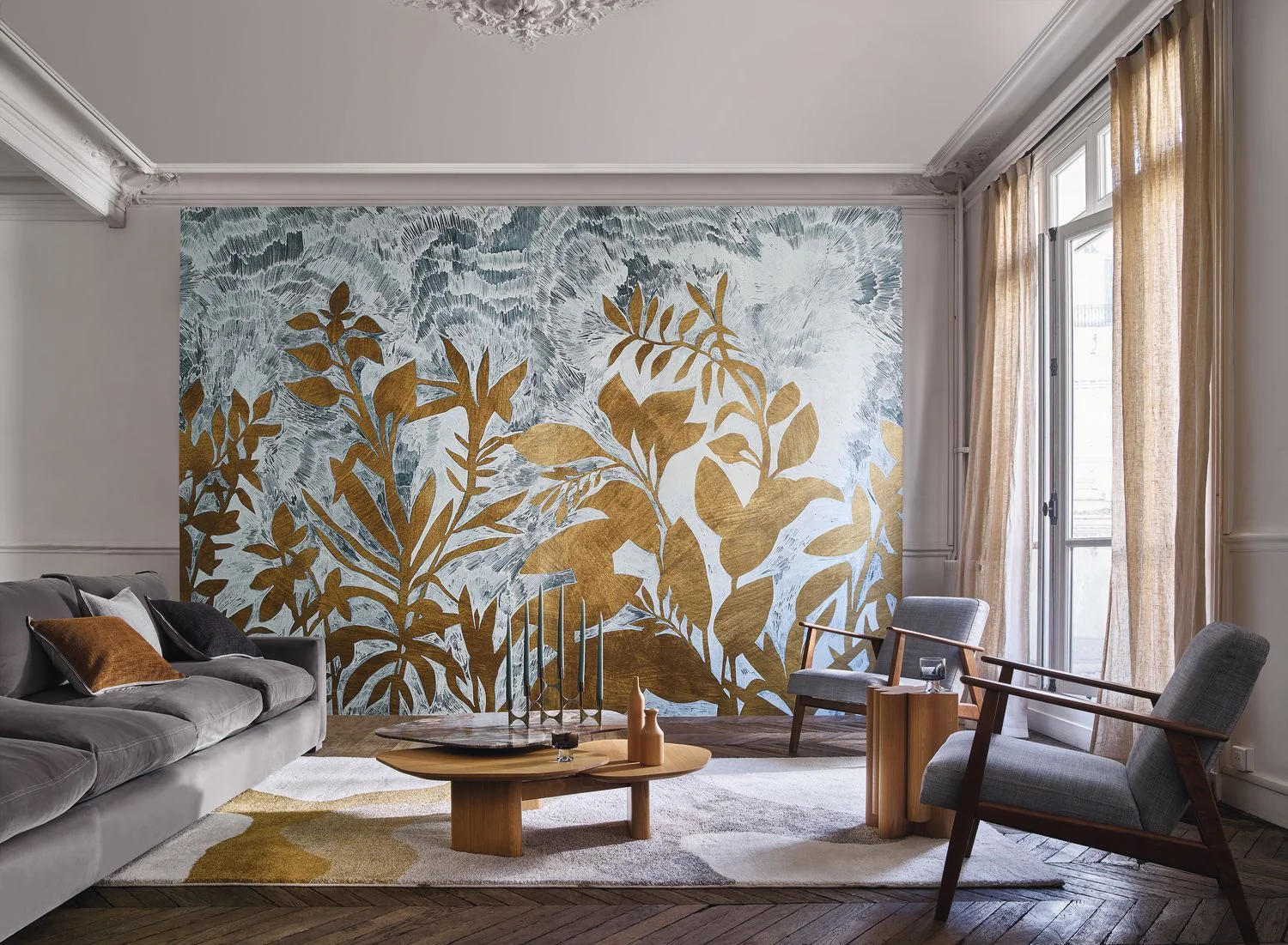 Mural z motywem roślinnym liści FLEUR DE LUNE - GRIS NUAGE/DORÉ szary ze złotym - Image 2