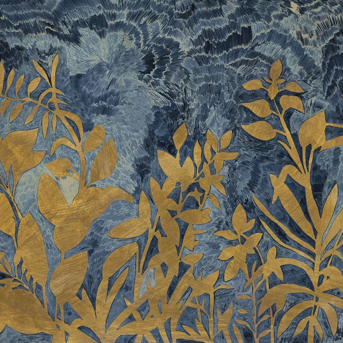 Mural z motywem roślinnym FLEUR DE LUNE - MARINE/DORÉ granatowy ze złotym