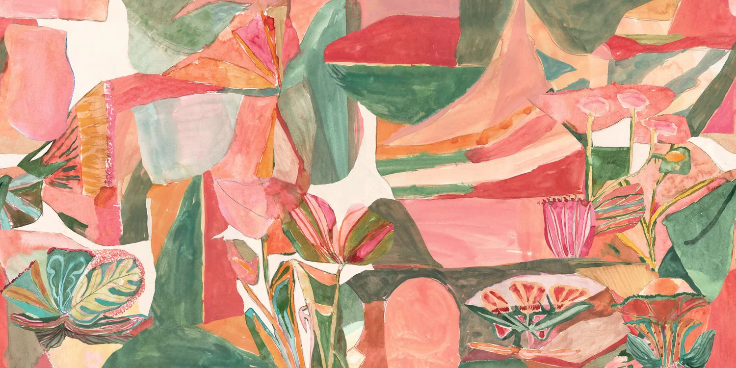 Mural tekstylny abstrakcyjny z motywem roślinnym JARDIN DANSÉ - BLUSH MULTICOLORE różowy z zielonym i czerwonym
