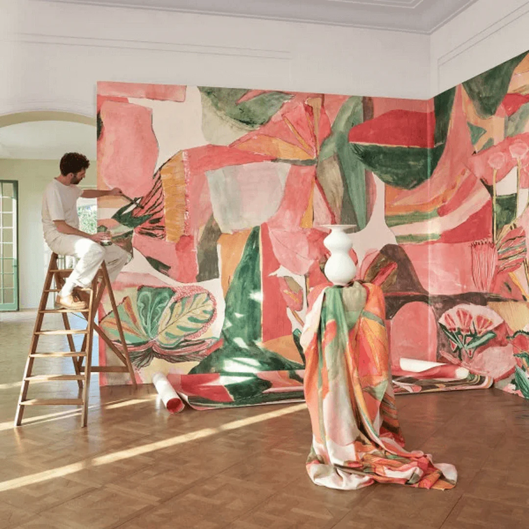 Mural tekstylny abstrakcyjny z motywem roślinnym JARDIN DANSÉ - BLUSH MULTICOLORE różowy z zielonym i czerwonym - Image 2