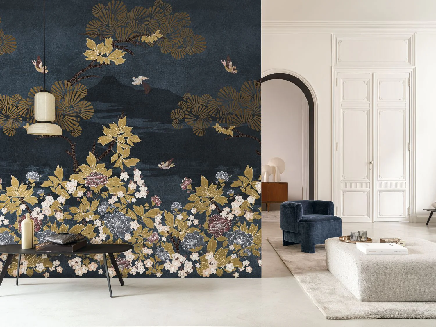 Mural z motywem roślinnym liści KANSAI - BLEU/DORÉ granatowy ze złotym - Image 2
