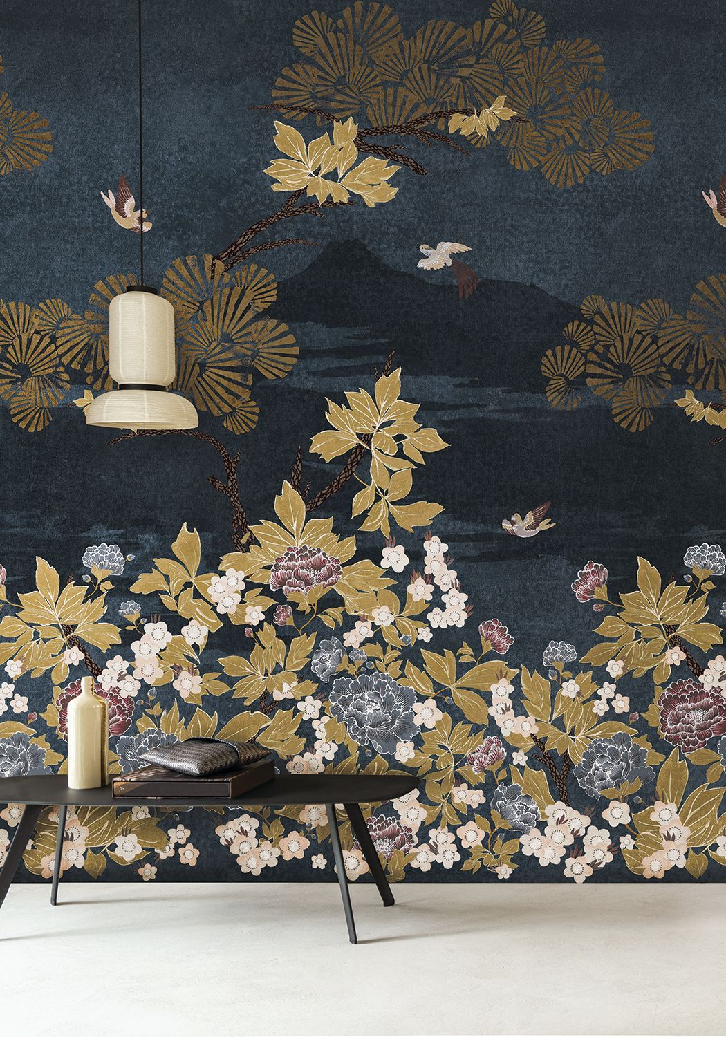 Mural z motywem roślinnym liści KANSAI - BLEU/DORÉ granatowy ze złotym - Image 3
