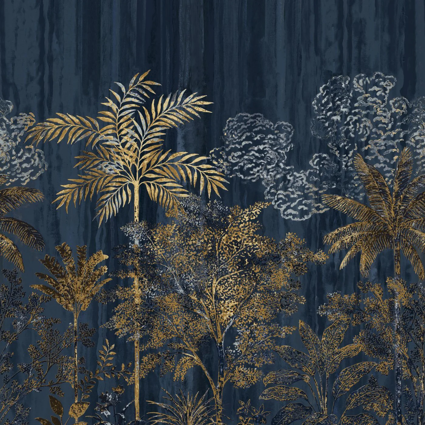 Mural z motywem roślinnym palm SIWA - MARINE/DORÉ granatowy ze złotym