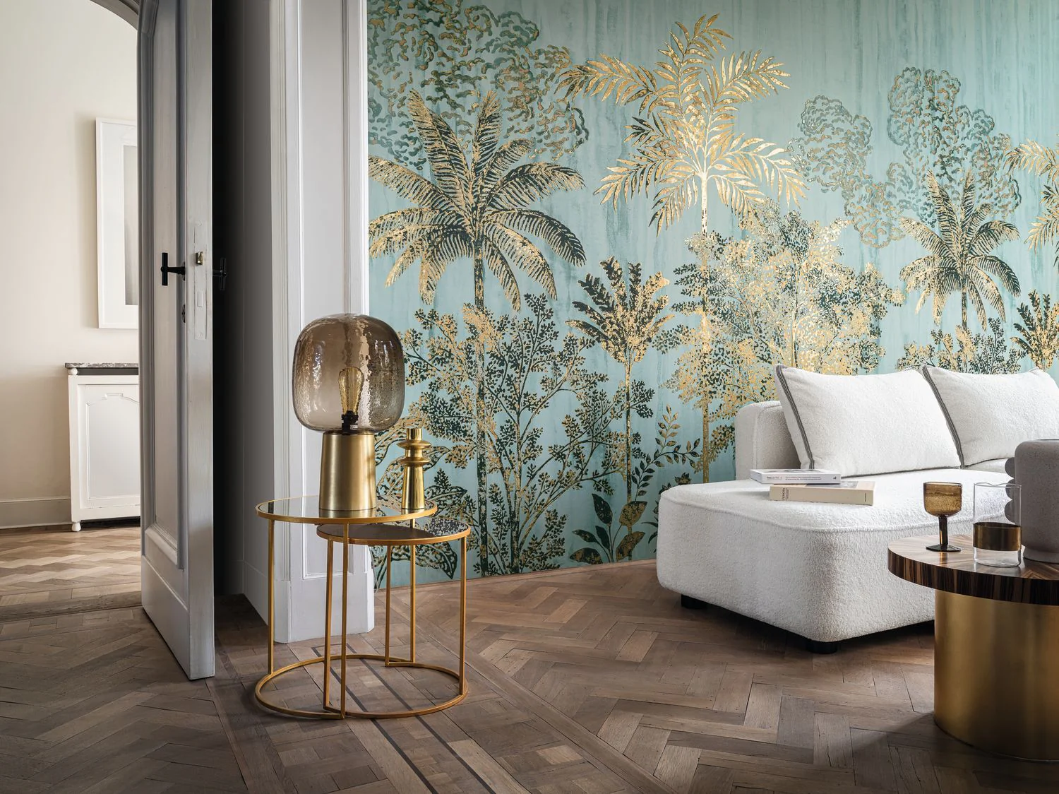 Mural z motywem roślinnym palm SIWA - OPALINE/DORÉ zielony ze złotym - Image 2