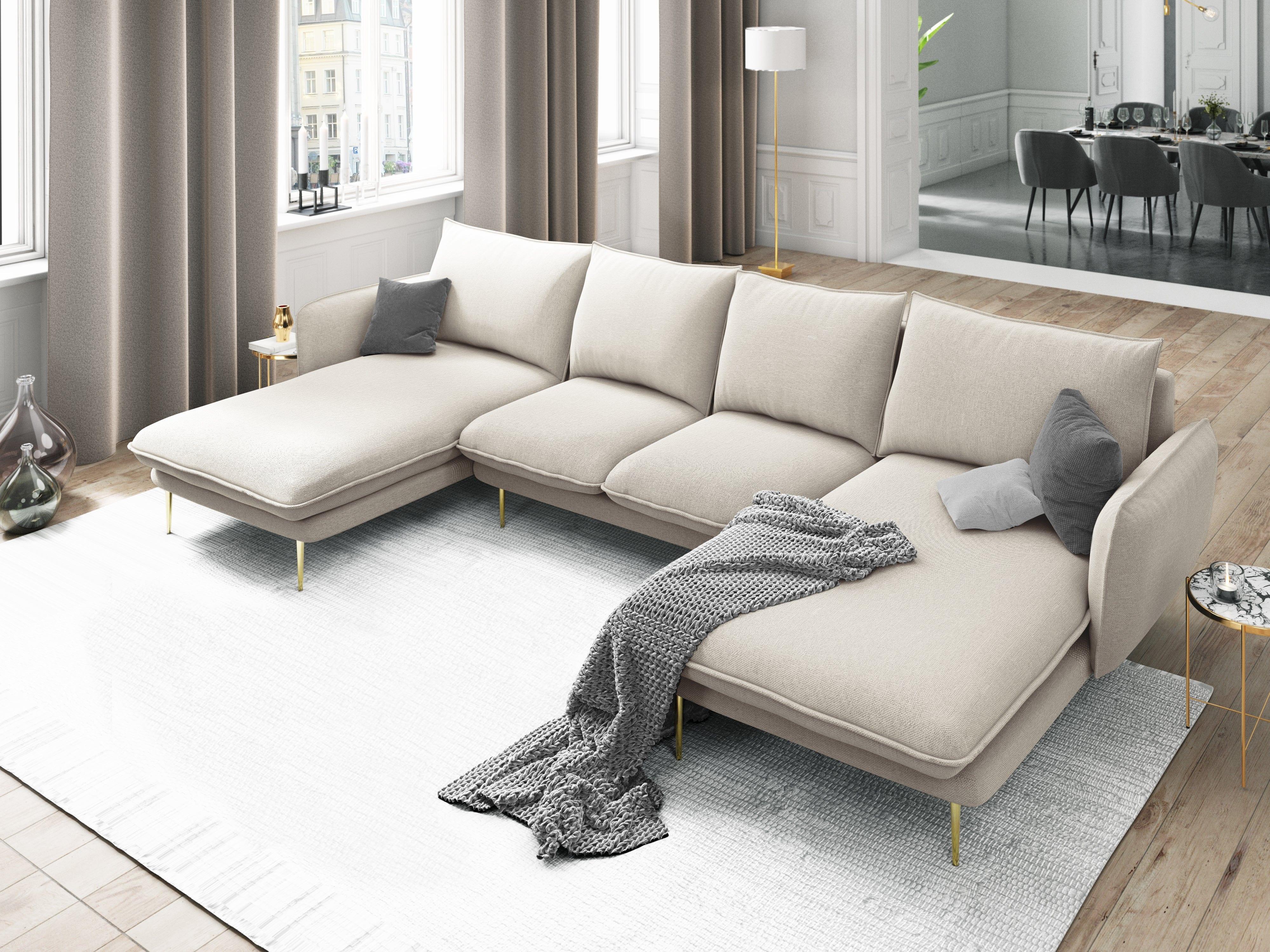 Sofa panoramiczna 6-osobowa VIENNA jasnobeżowy szenil ze złotą podstawą - Image 2