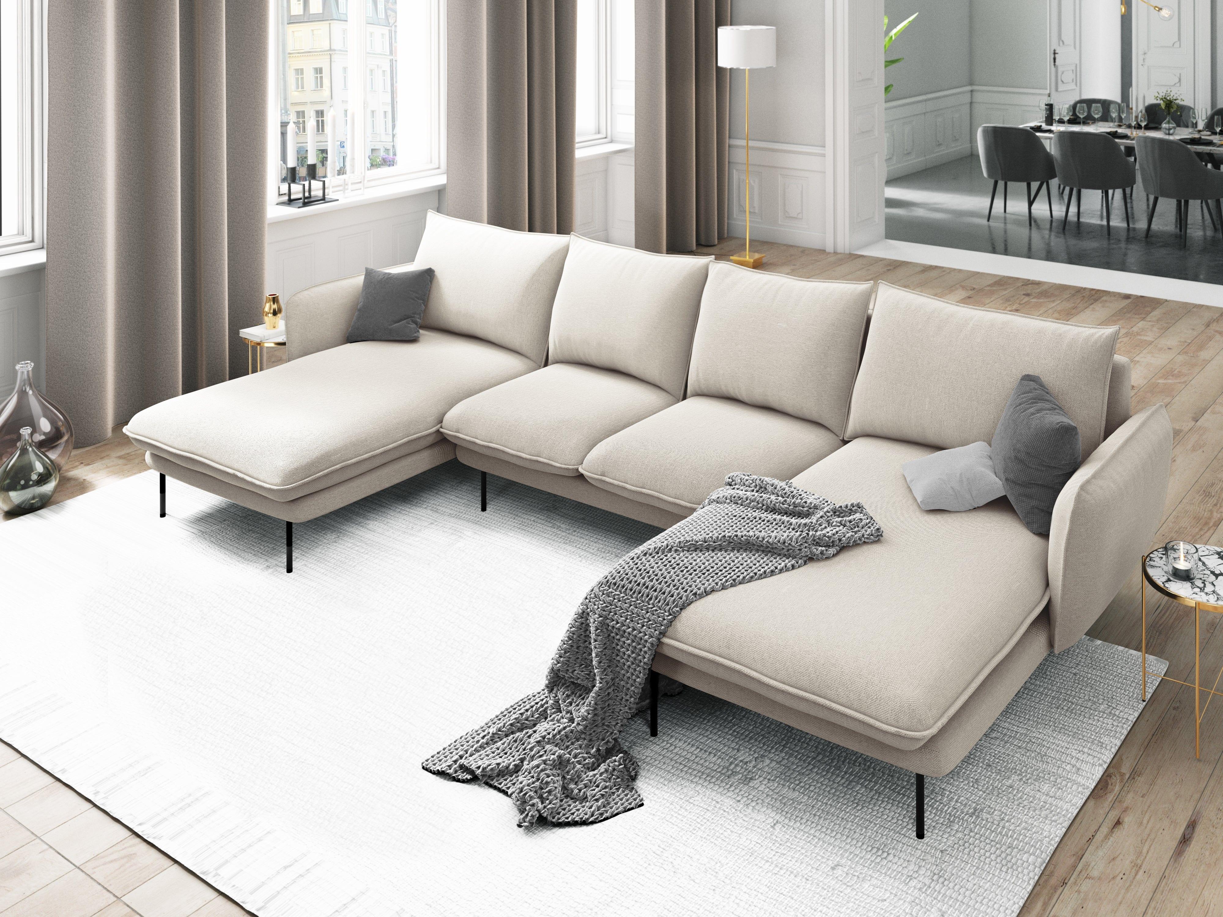 Sofa panoramiczna 6-osobowa VIENNA jasnobeżowy szenil z czarną podstawą - Image 2