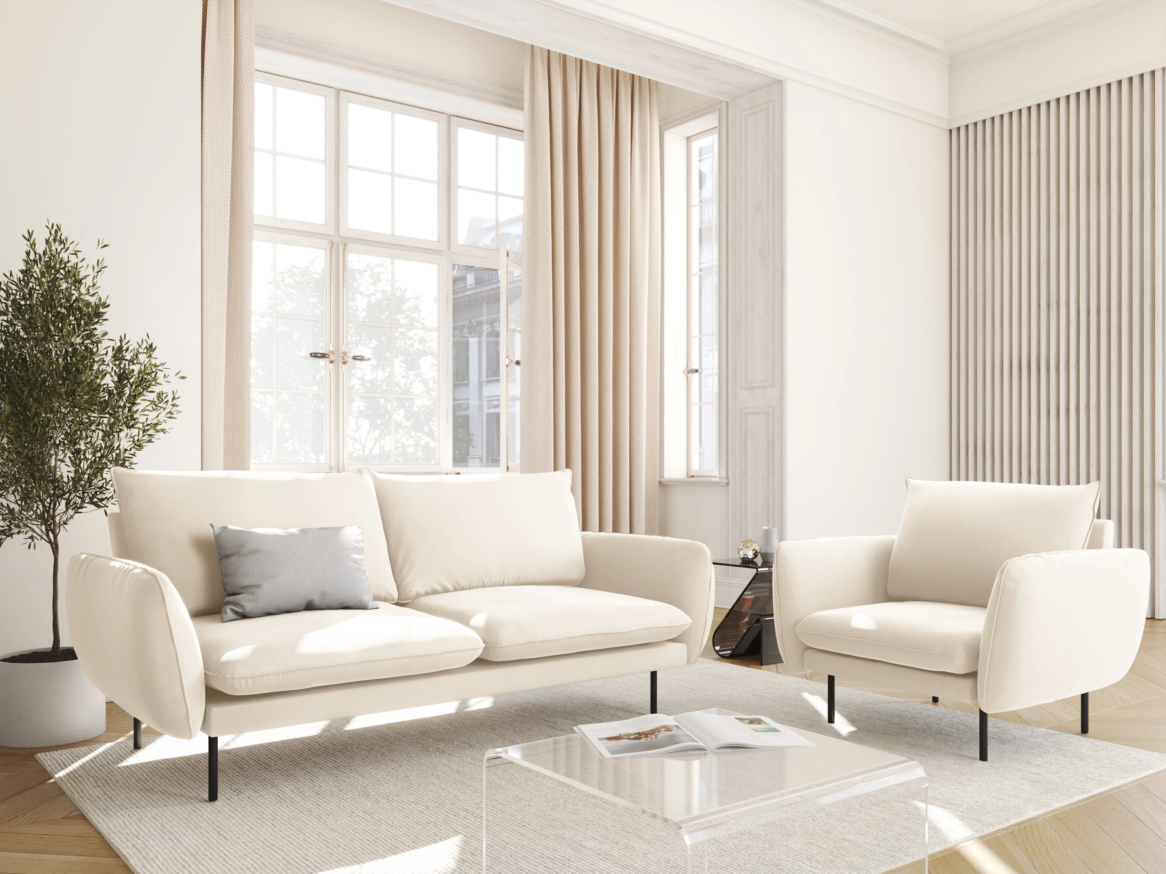 Sofa aksamitna 2-osobowa VIENNA beżowy z czarną podstawą - Image 2