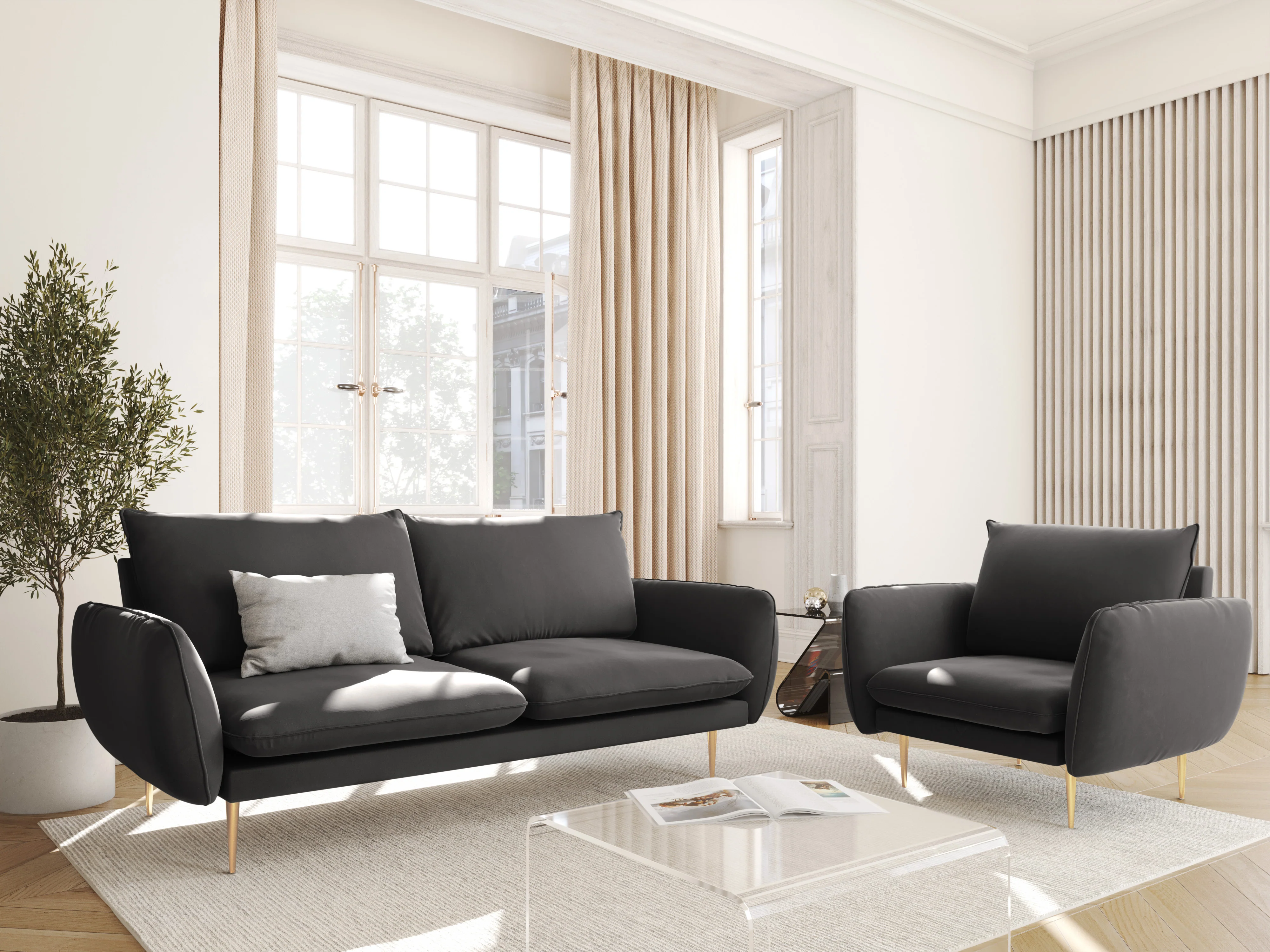 Sofa aksamitna 2-osobowa VIENNA ciemnoszary ze złotą podstawą - Image 2