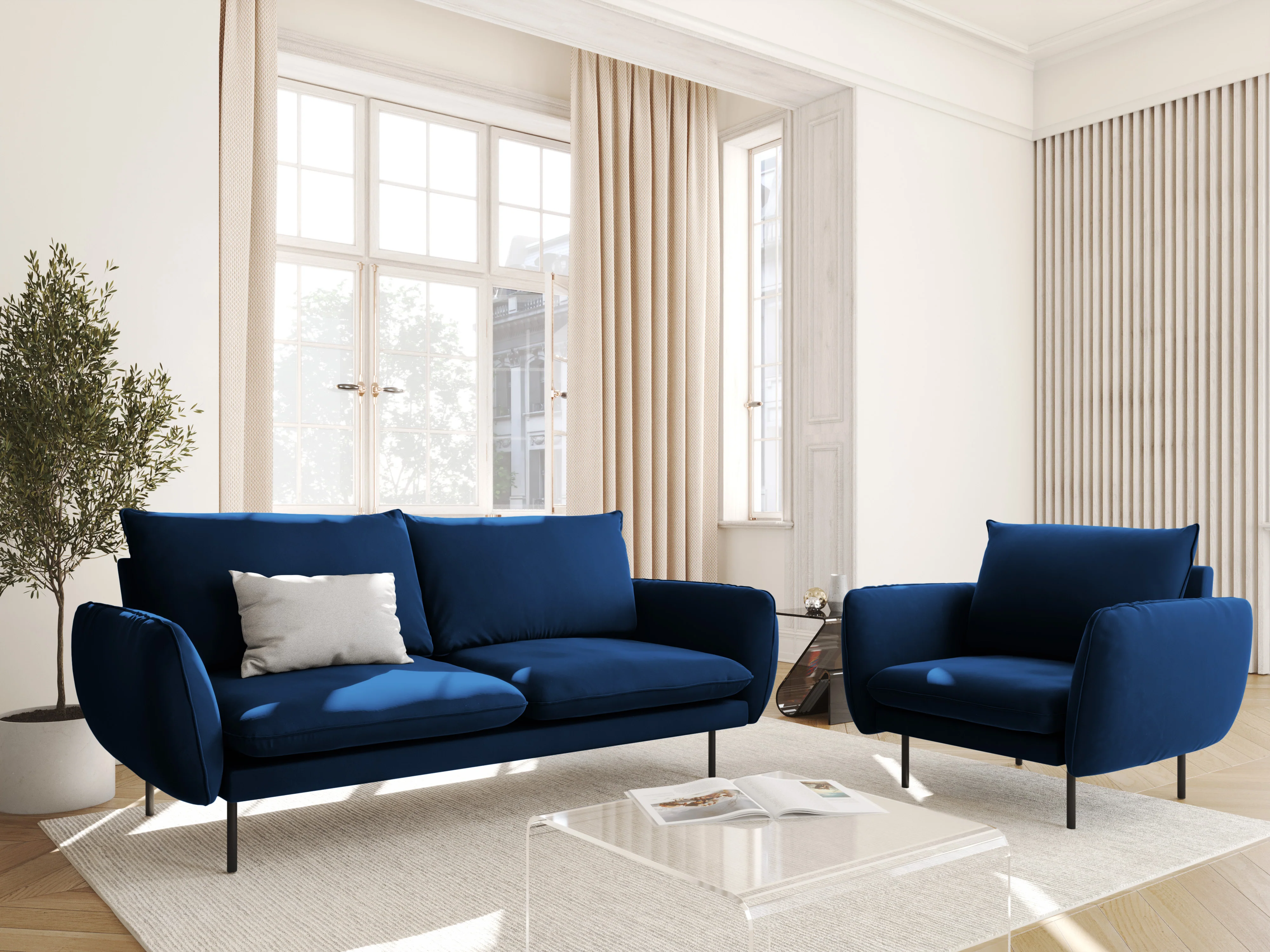 Sofa aksamitna 2-osobowa VIENNA granat królewski z czarną podstawą - Image 2