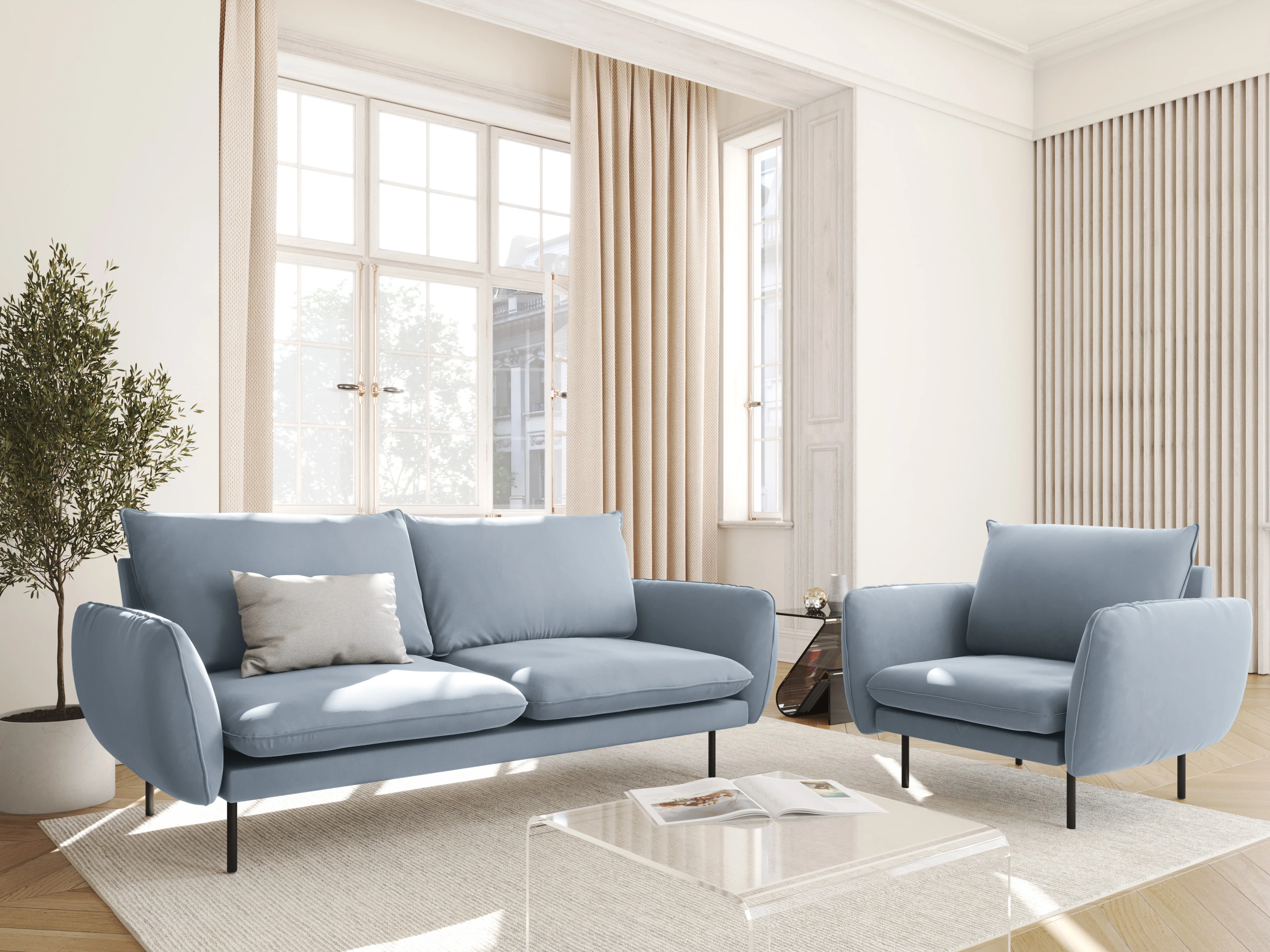 Sofa aksamitna 2-osobowa VIENNA jasnoniebieski z czarną podstawą - Image 2