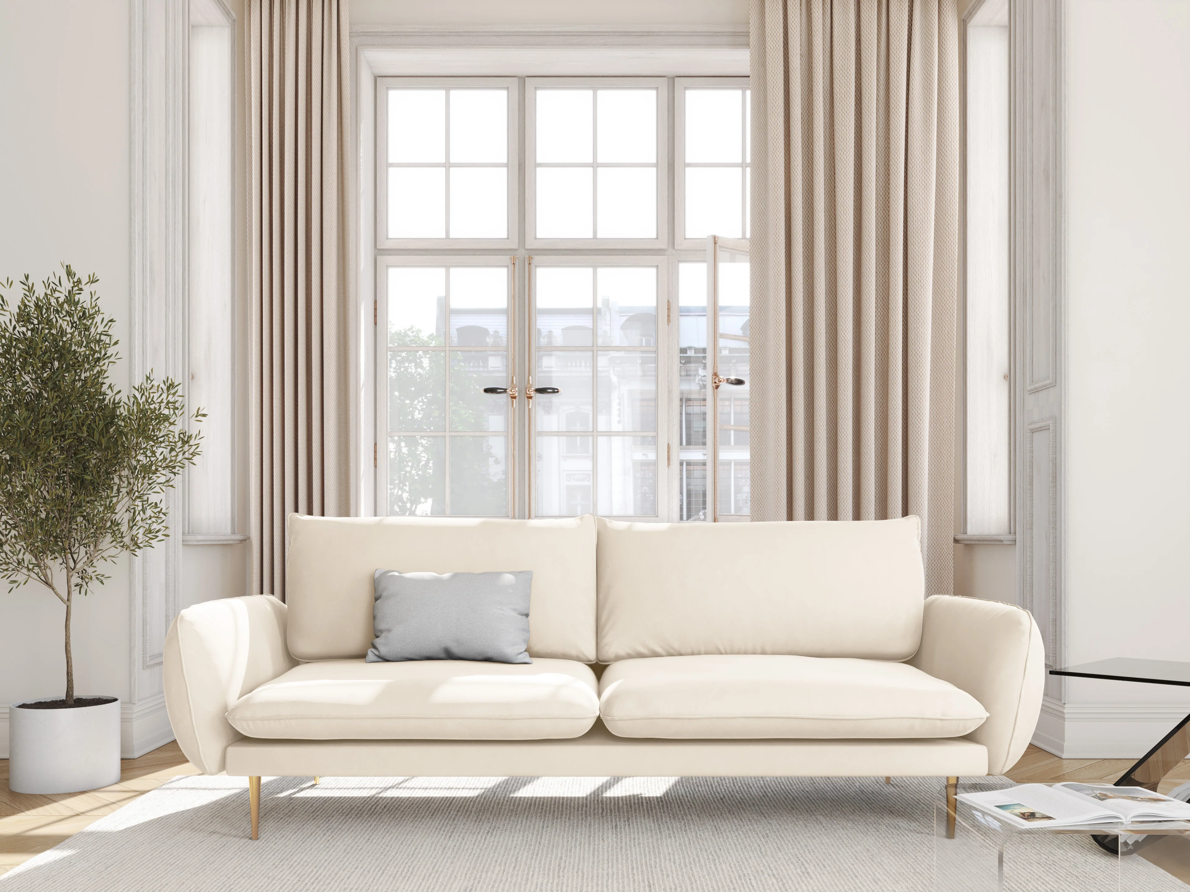 Sofa aksamitna 3-osobowa VIENNA beżowy ze złotą podstawą - Image 2
