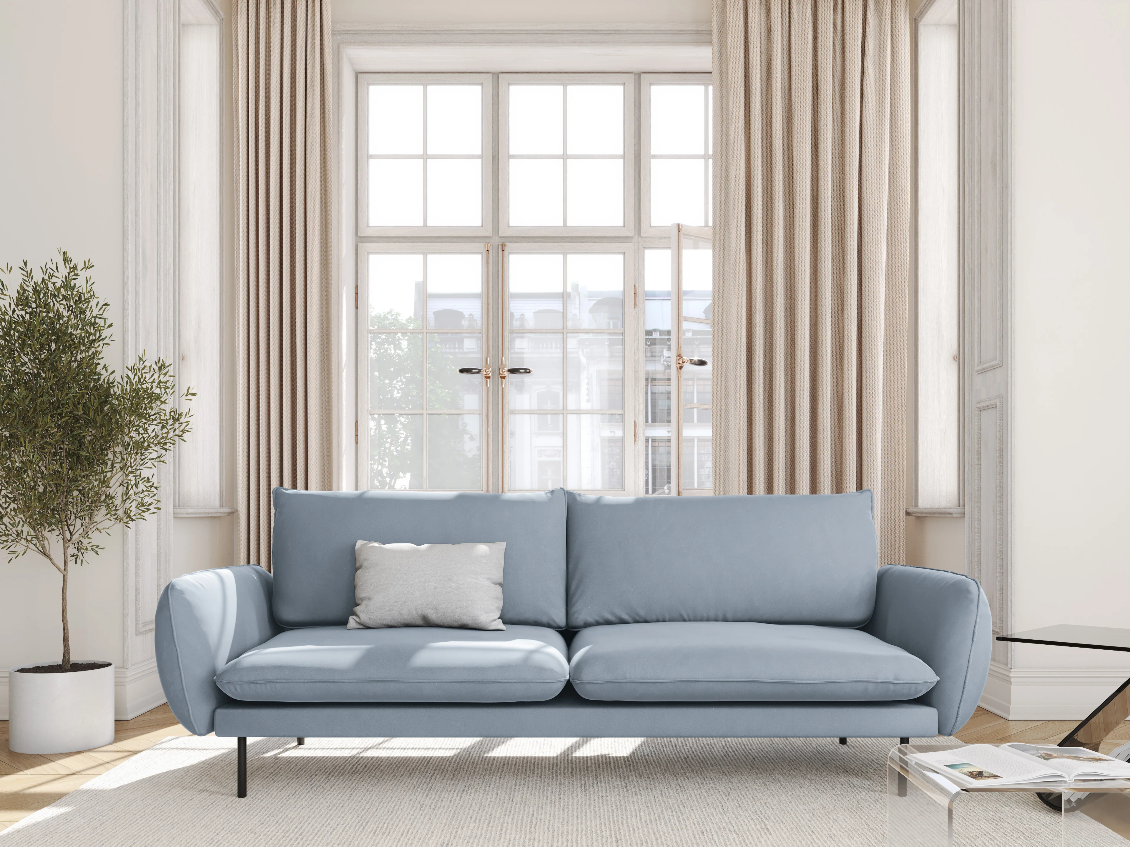 Sofa aksamitna 3-osobowa VIENNA jasnoniebieski z czarną podstawą - Image 2