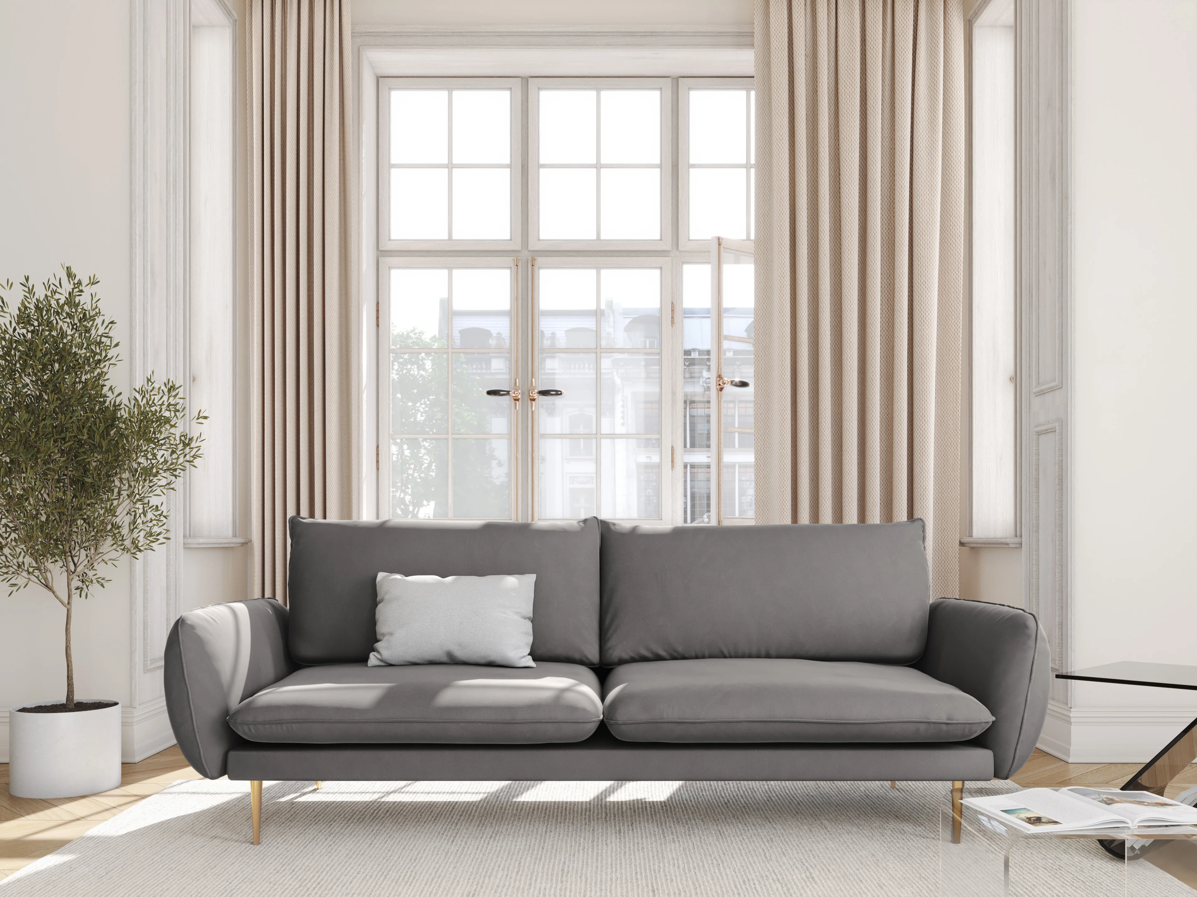 Sofa aksamitna 3-osobowa VIENNA jasnoszary ze złotą podstawą - Image 2