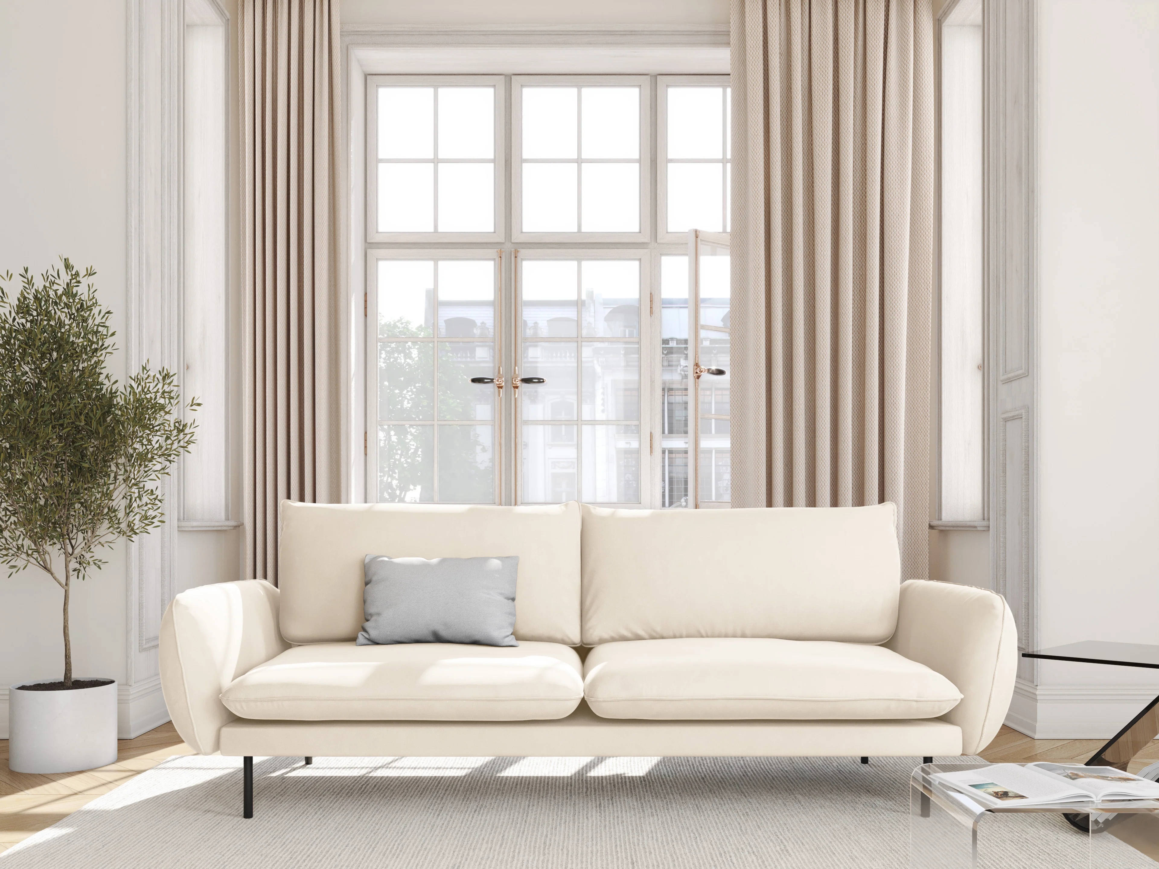 Sofa aksamitna 4-osobowa VIENNA beżowy z czarną podstawą - Image 2