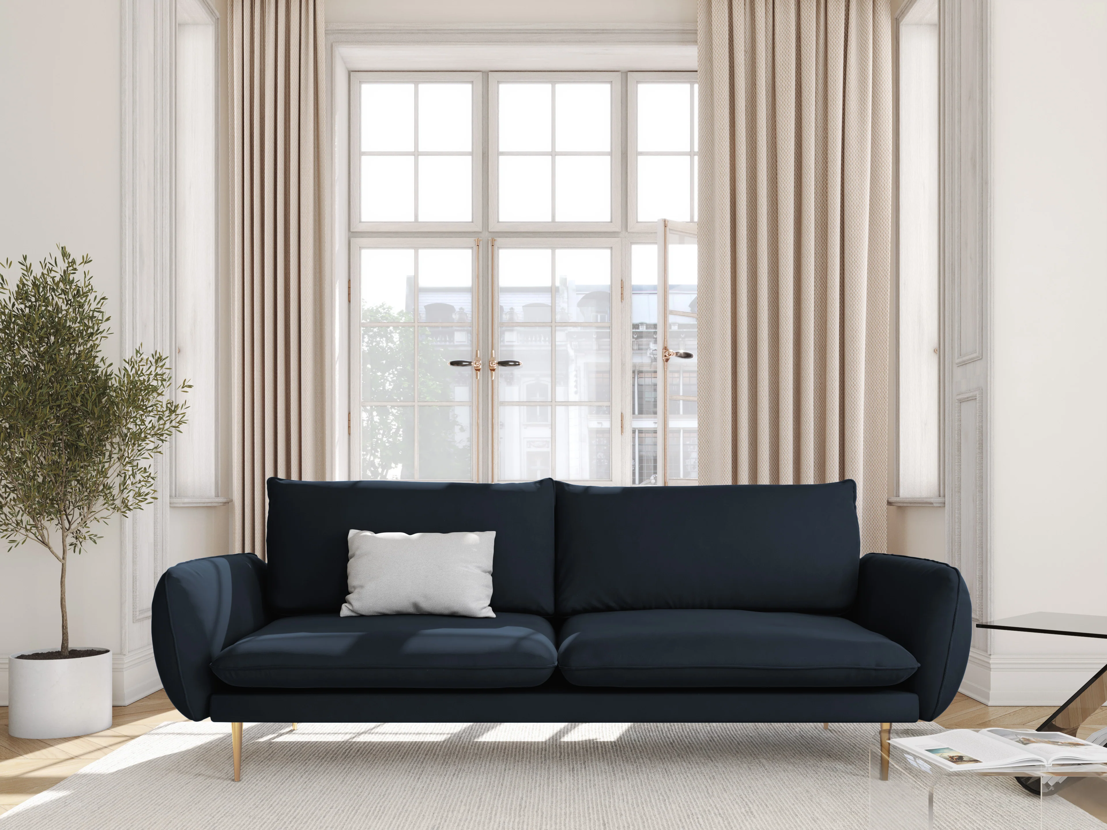 Sofa aksamitna 4-osobowa VIENNA ciemnoniebieski ze złotą podstawą - Image 2