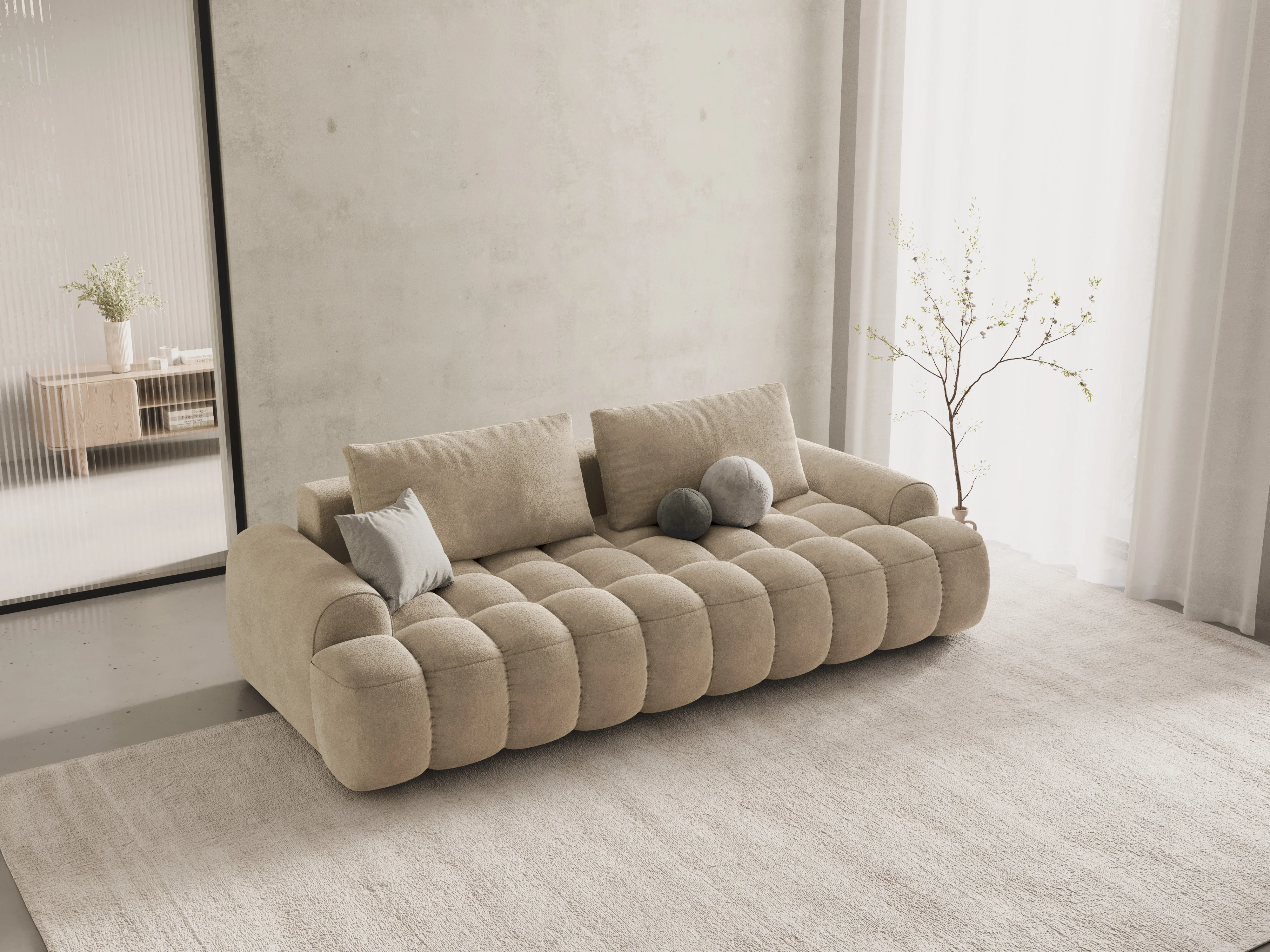 Sofa aksamitna z funkcją spania 4-osobowa LINZ jasnobeżowy - Image 2