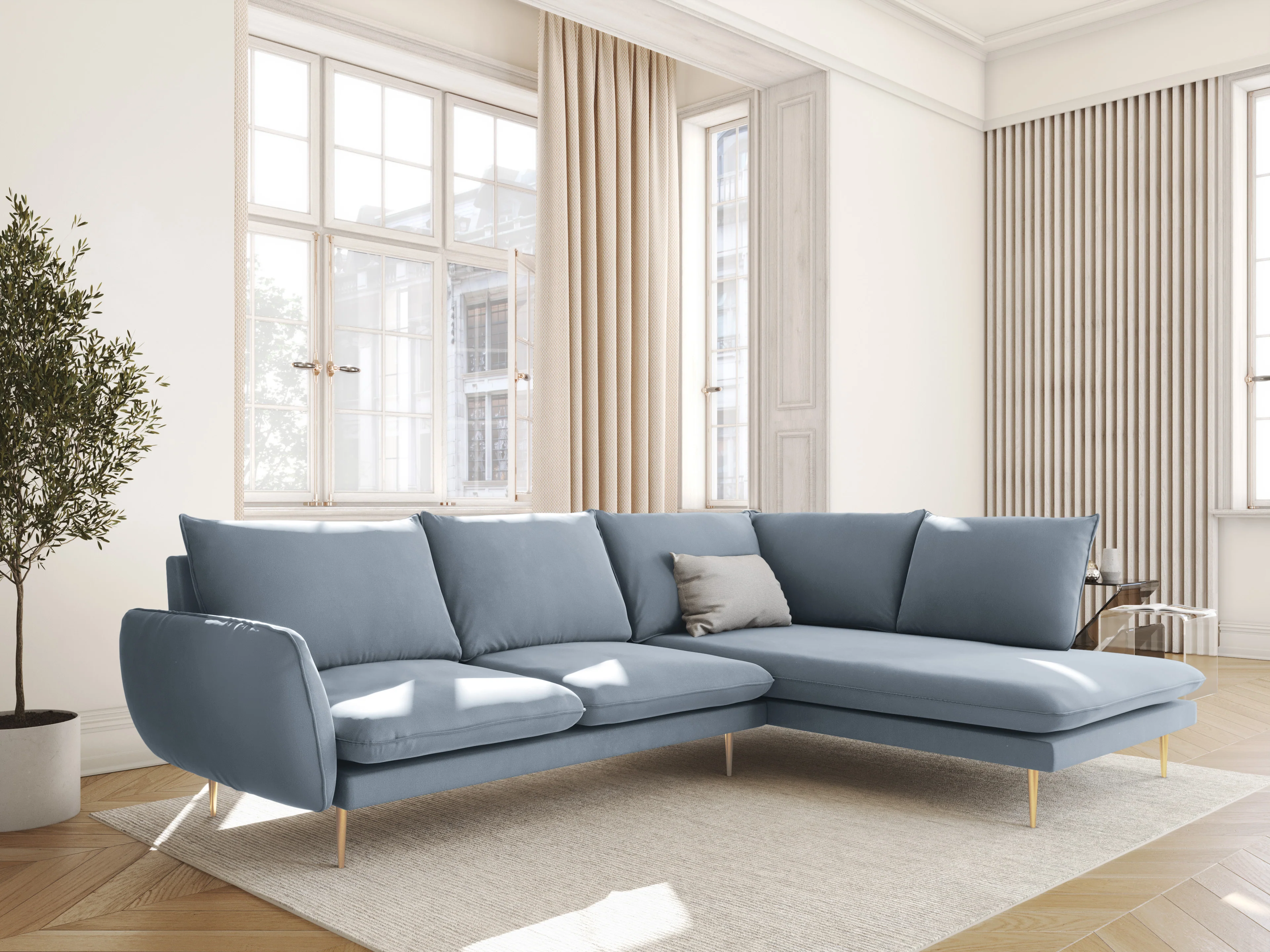 Sofa panoramiczna aksamitna 6-osobowa VIENNA jasnoniebieski ze złotą podstawą - Image 2