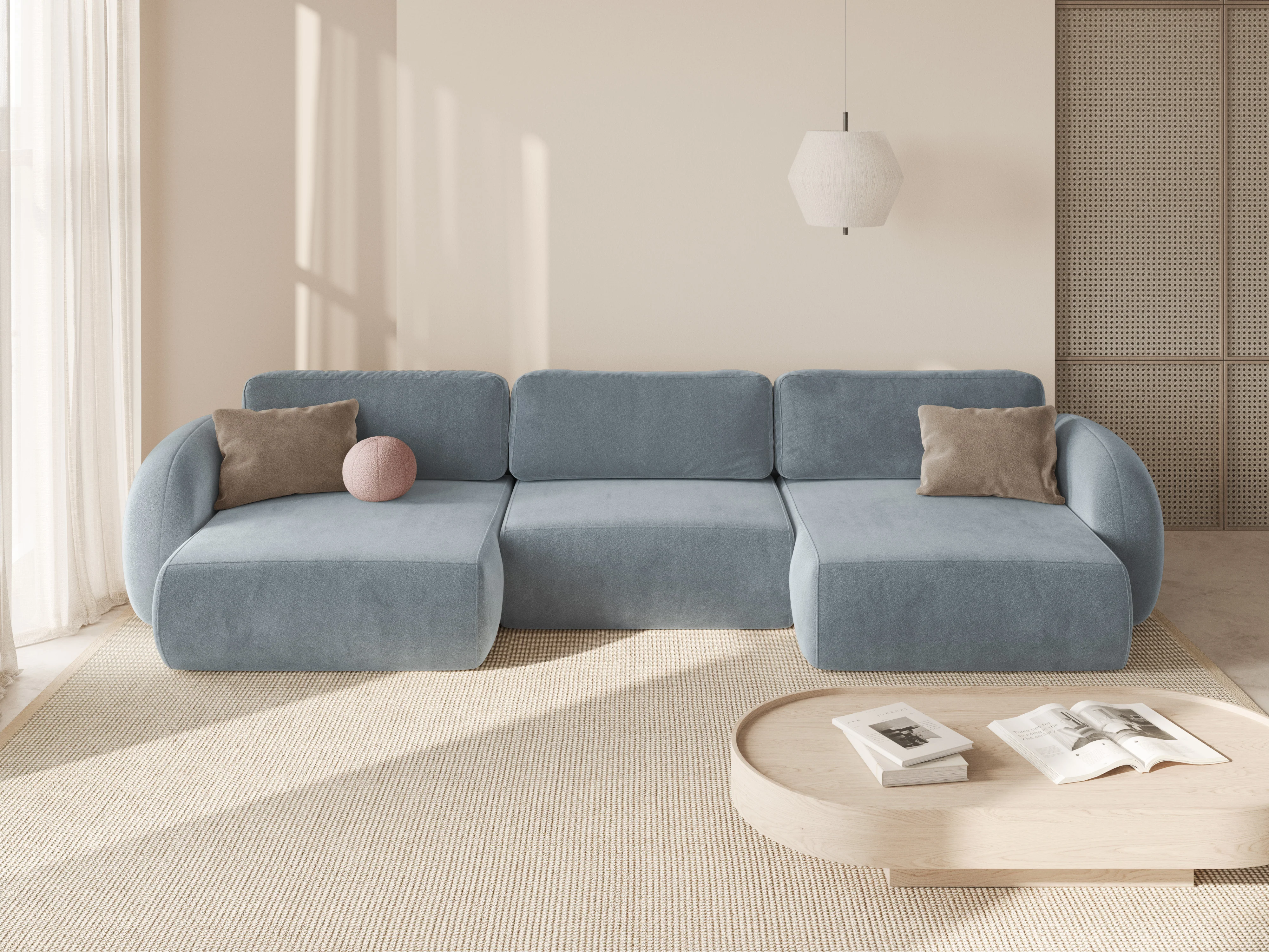 Sofa panoramiczna aksamitna z funkcją spania 5-osobowa TONALE błękitny - Image 2