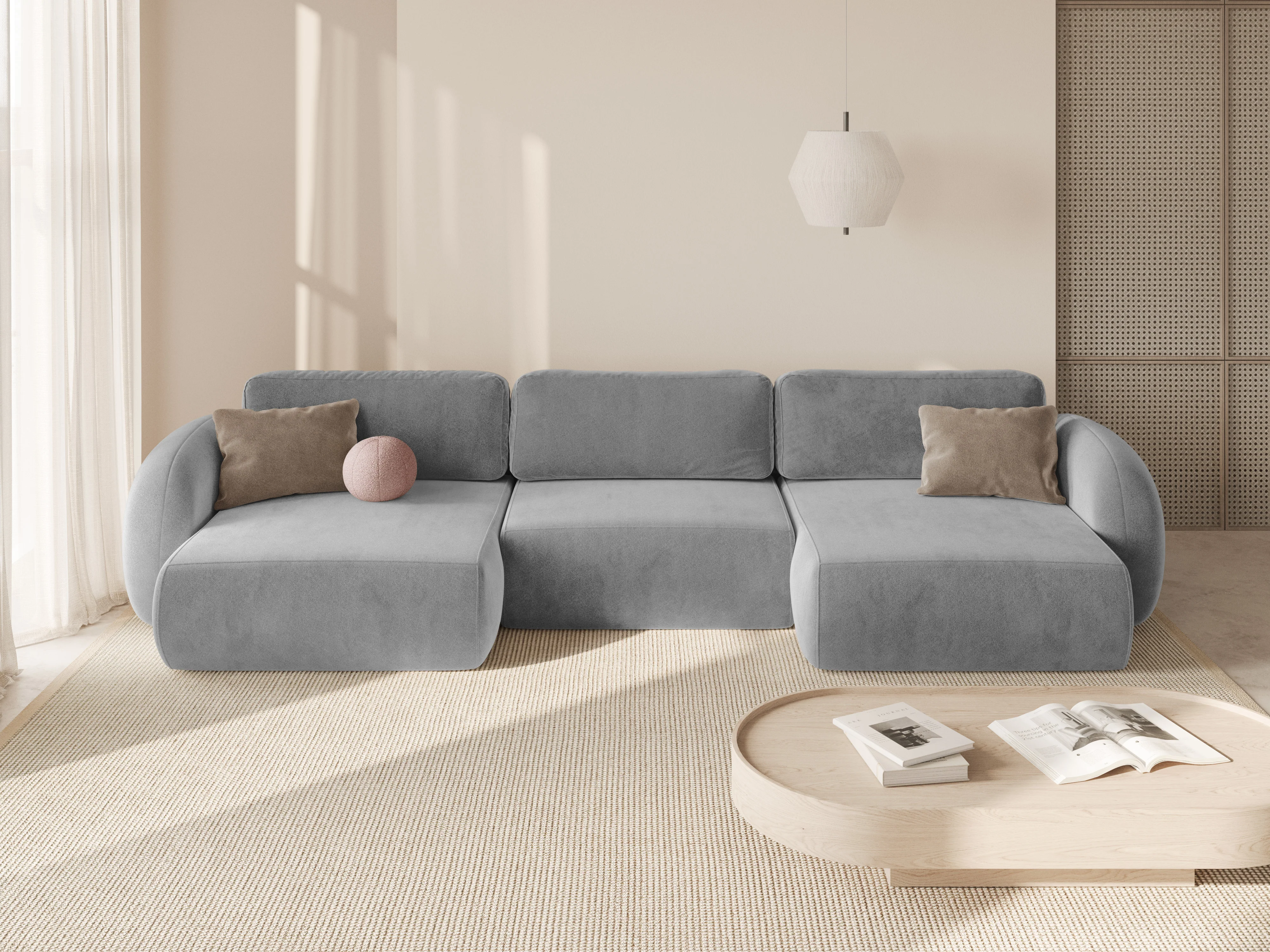 Sofa panoramiczna aksamitna z funkcją spania 5-osobowa TONALE jasnoszary - Image 2