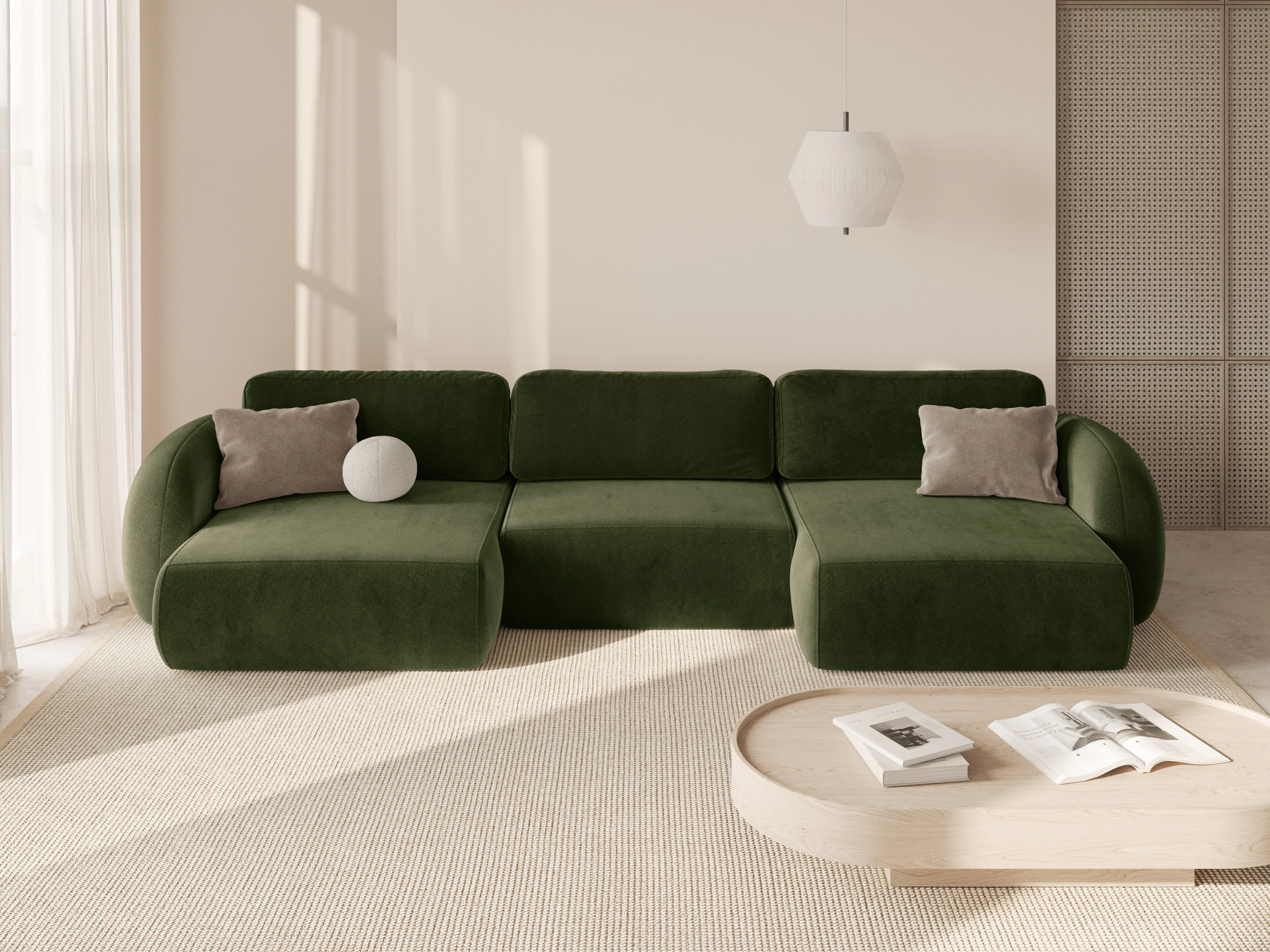 Sofa panoramiczna aksamitna z funkcją spania 5-osobowa TONALE wojskowa zieleń - Image 2