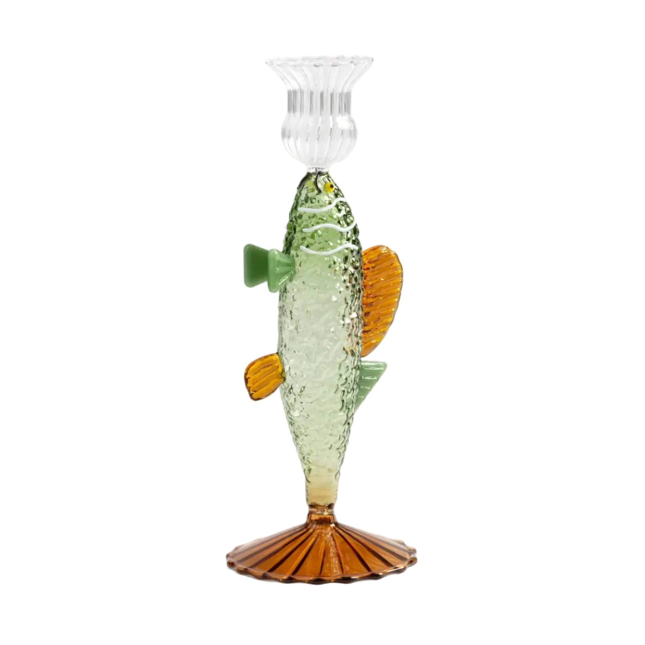 Świecznik szklany FISH zielony z bursztynowym