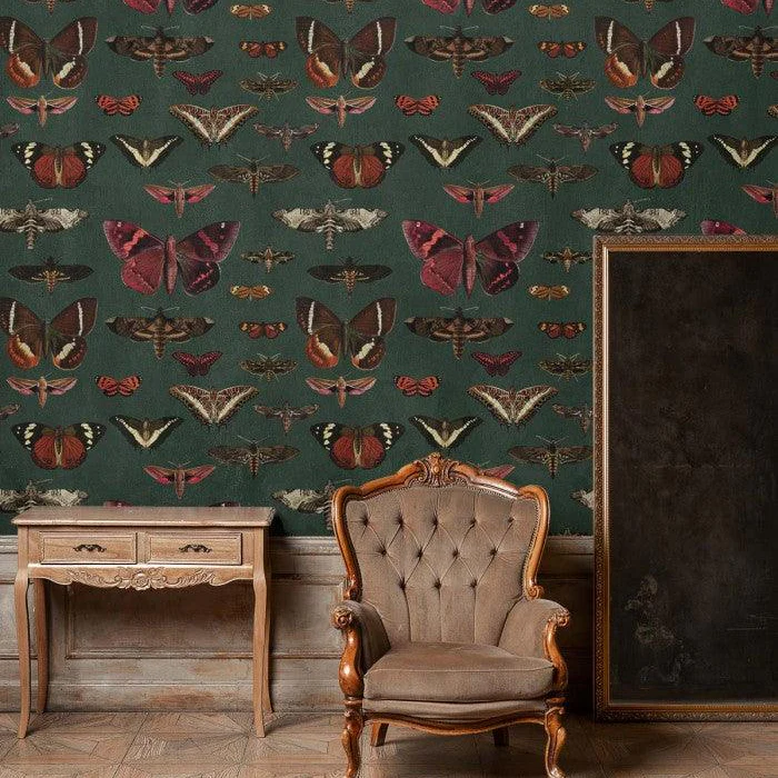 Tapeta flizelinowa z motywem motyli BUTTERFLIES VERT ciemnozielony