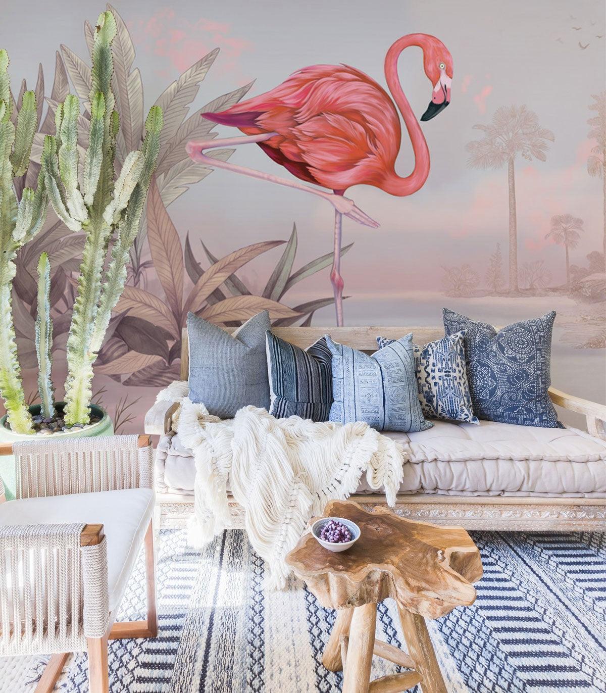 Tapeta flizelinowa z krajobrazem i flamingiem CRIMSON FLAMINGO różówy z błękitnym - Image 3