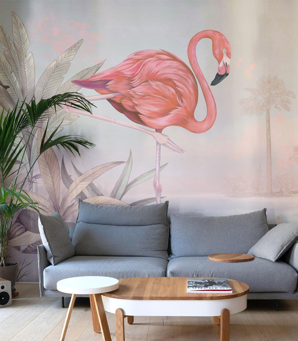 Tapeta flizelinowa z krajobrazem i flamingiem CRIMSON FLAMINGO różówy z błękitnym - Image 4