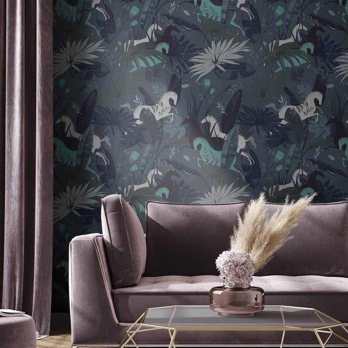 Tapeta flizelinowa z motywem zwierzęcym DREAM HORSES morska zieleń
