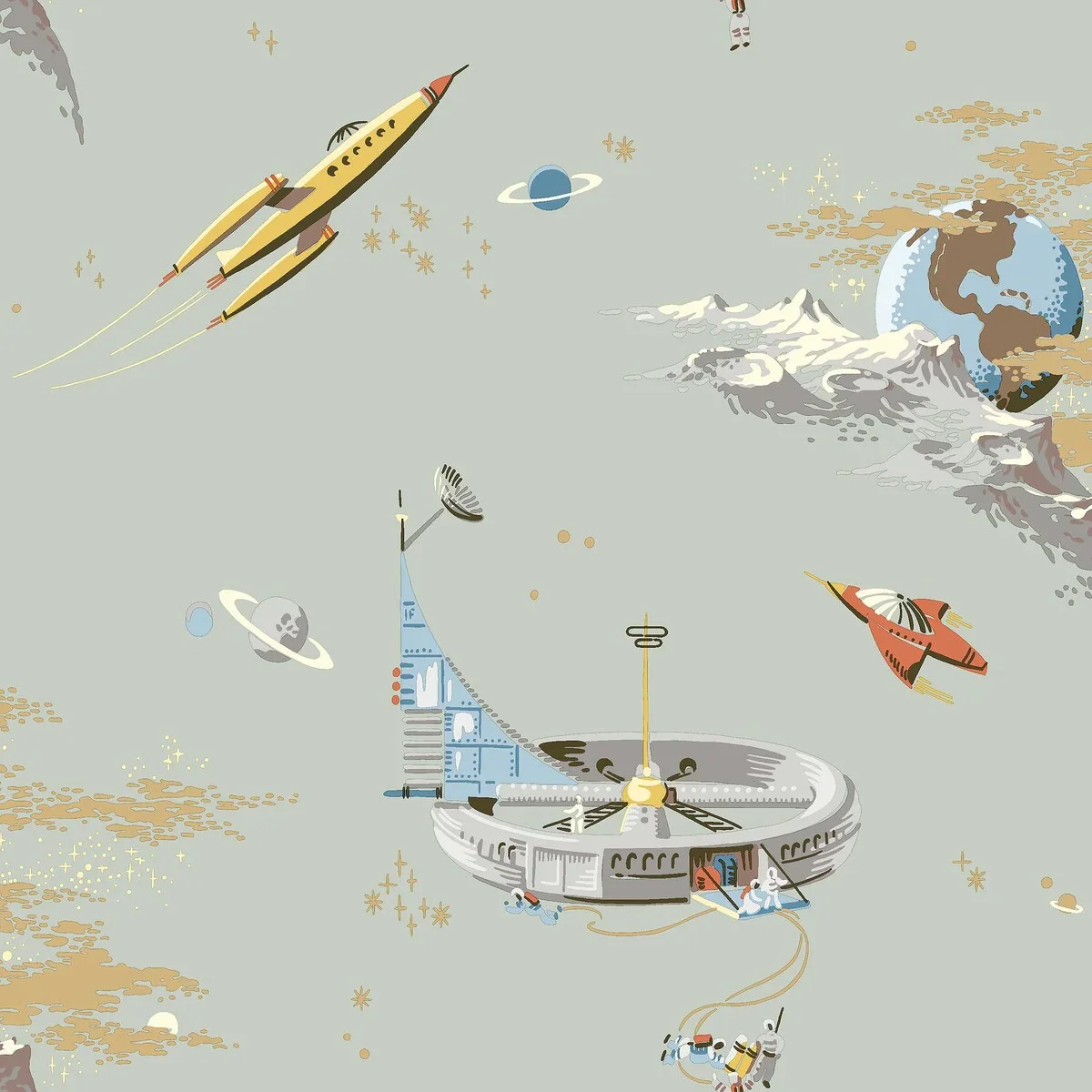 Tapeta dziecięca z motywem kosmosu SPACE ADVENTURE zgaszony zielony