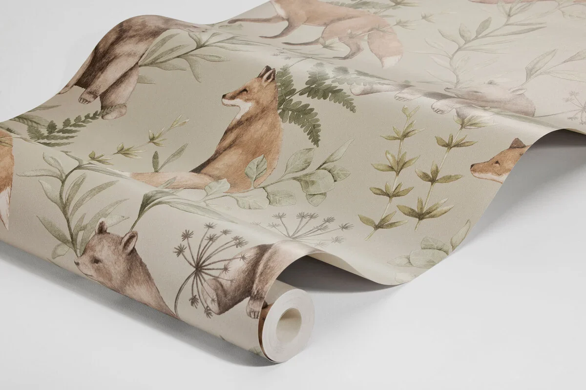 Tapeta dziecięca z motywem roślinnym i zwierzęcym WILD FOREST beżowy - Image 9