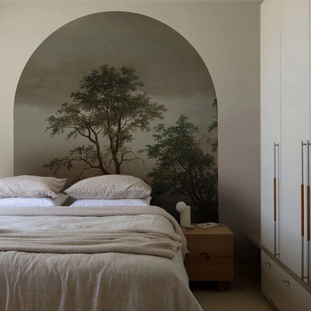 Mural flizelinowy w kształcie łuku EVENING GROVE brązowy z zielonym