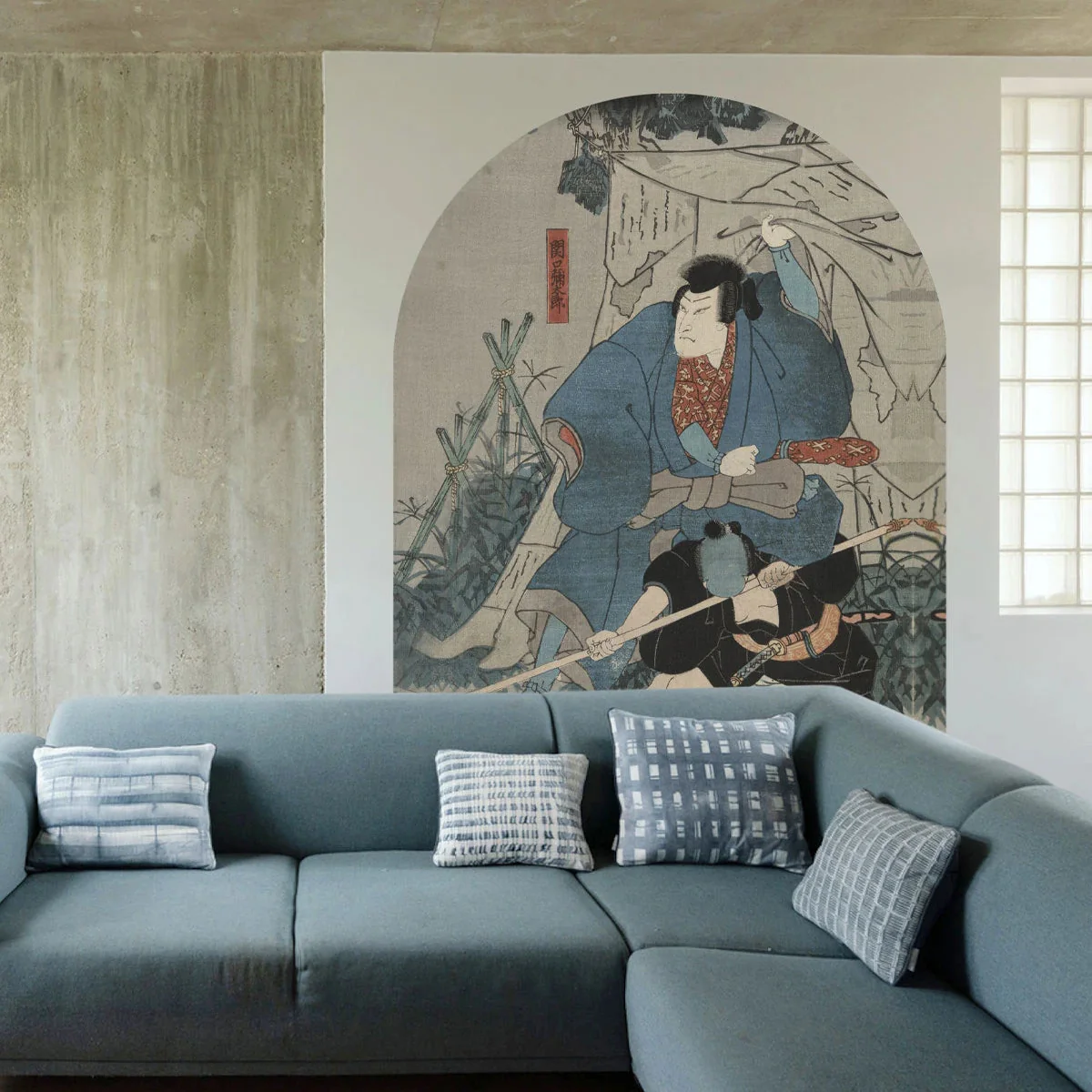 Mural flizelinowy w kształcie łuku SAMURAI SAGA beżowy z niebieskim