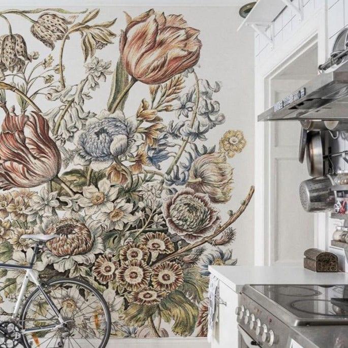Tapeta flizelinowa z motywem roślinnym FLORAL POEM jasnobeżowy z zielonym