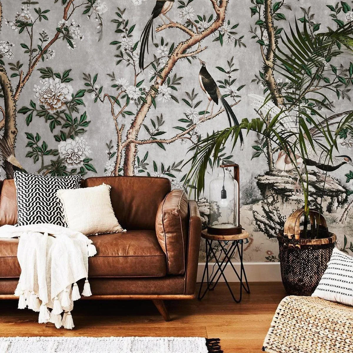 Tapeta flizelinowa z motywem roślinnym GRAY CHINOISERIE szary z zielonym