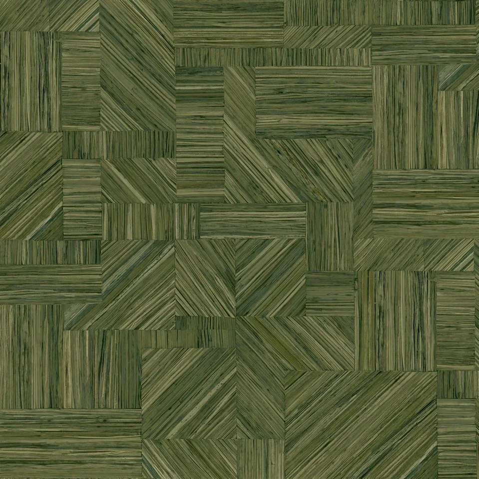 Tapeta strukturalna geometryczna imitująca słomiany patchwork IMBRICATION - VERT MOUSSE zielony