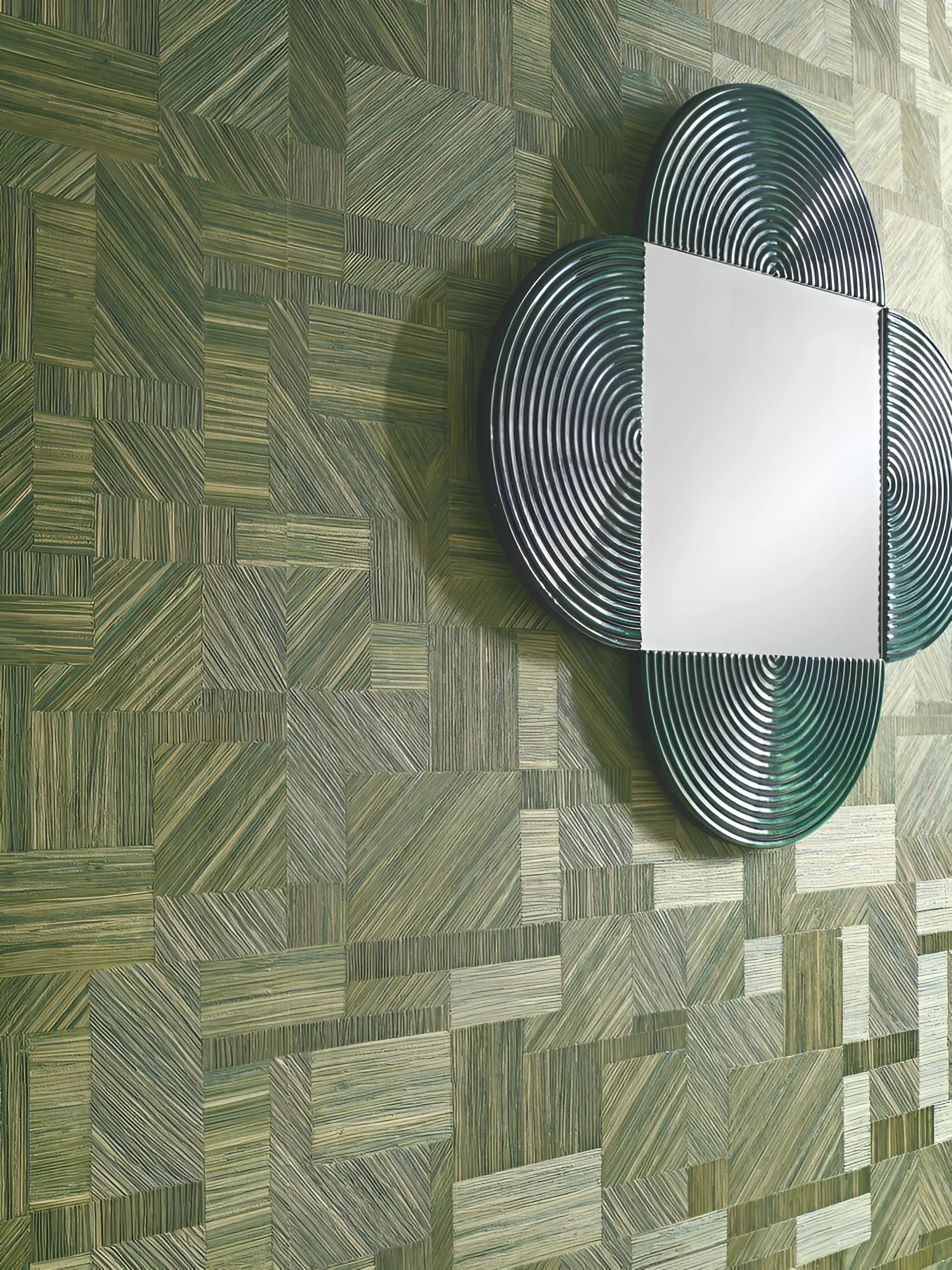 Tapeta strukturalna geometryczna imitująca słomiany patchwork IMBRICATION - VERT MOUSSE zielony - Image 2