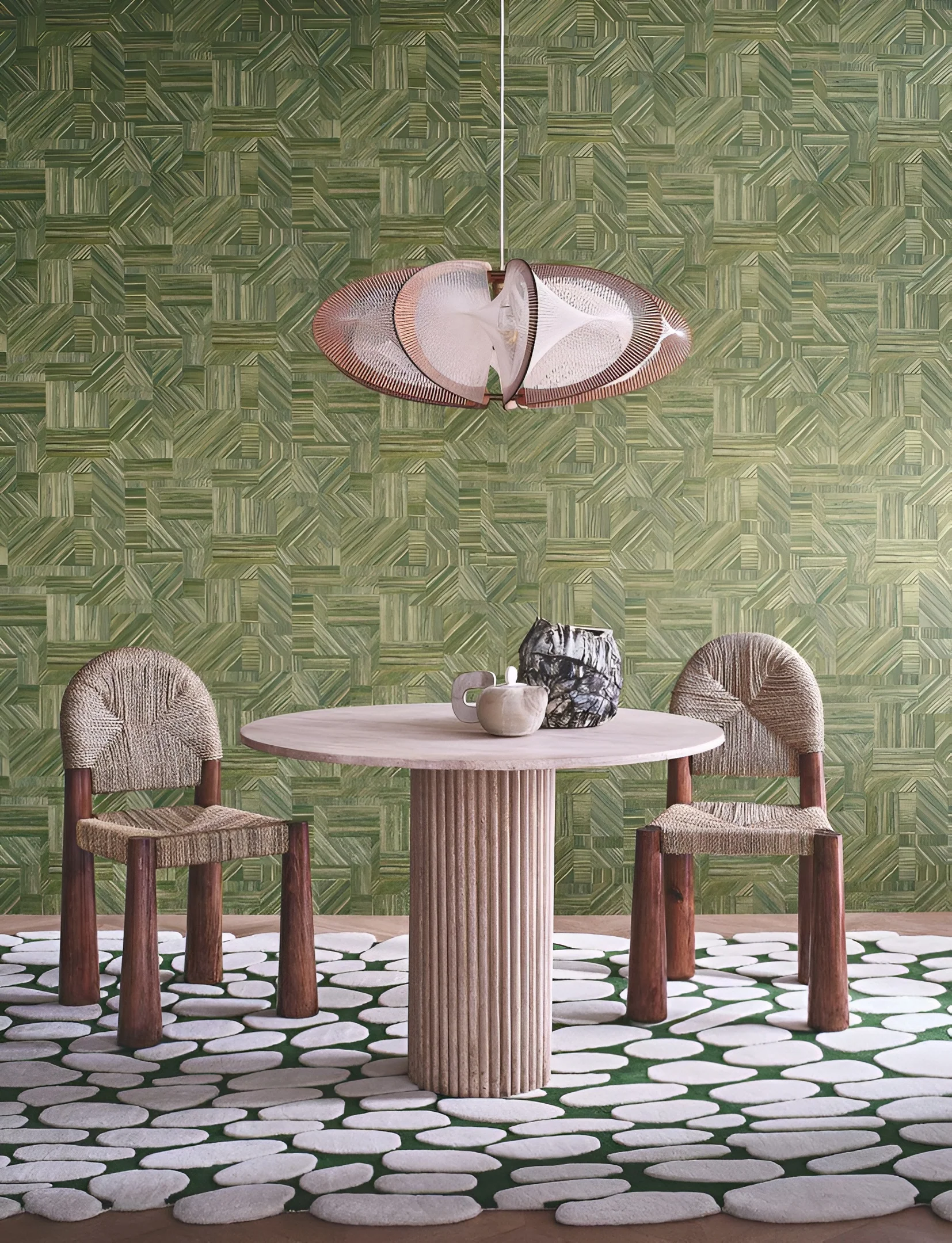 Tapeta strukturalna geometryczna imitująca słomiany patchwork IMBRICATION - VERT MOUSSE zielony - Image 4