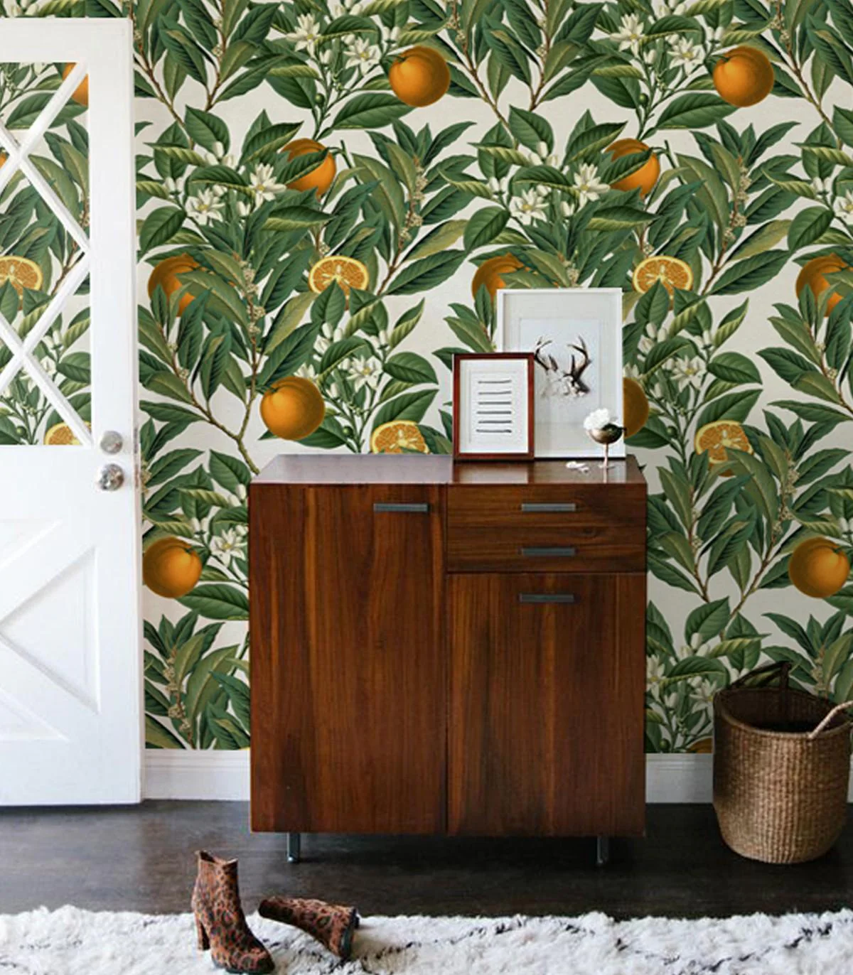 Tapeta flizelinowa z motywem roślinnym ORANGE TREE zielony z pomarańczowym - Image 2