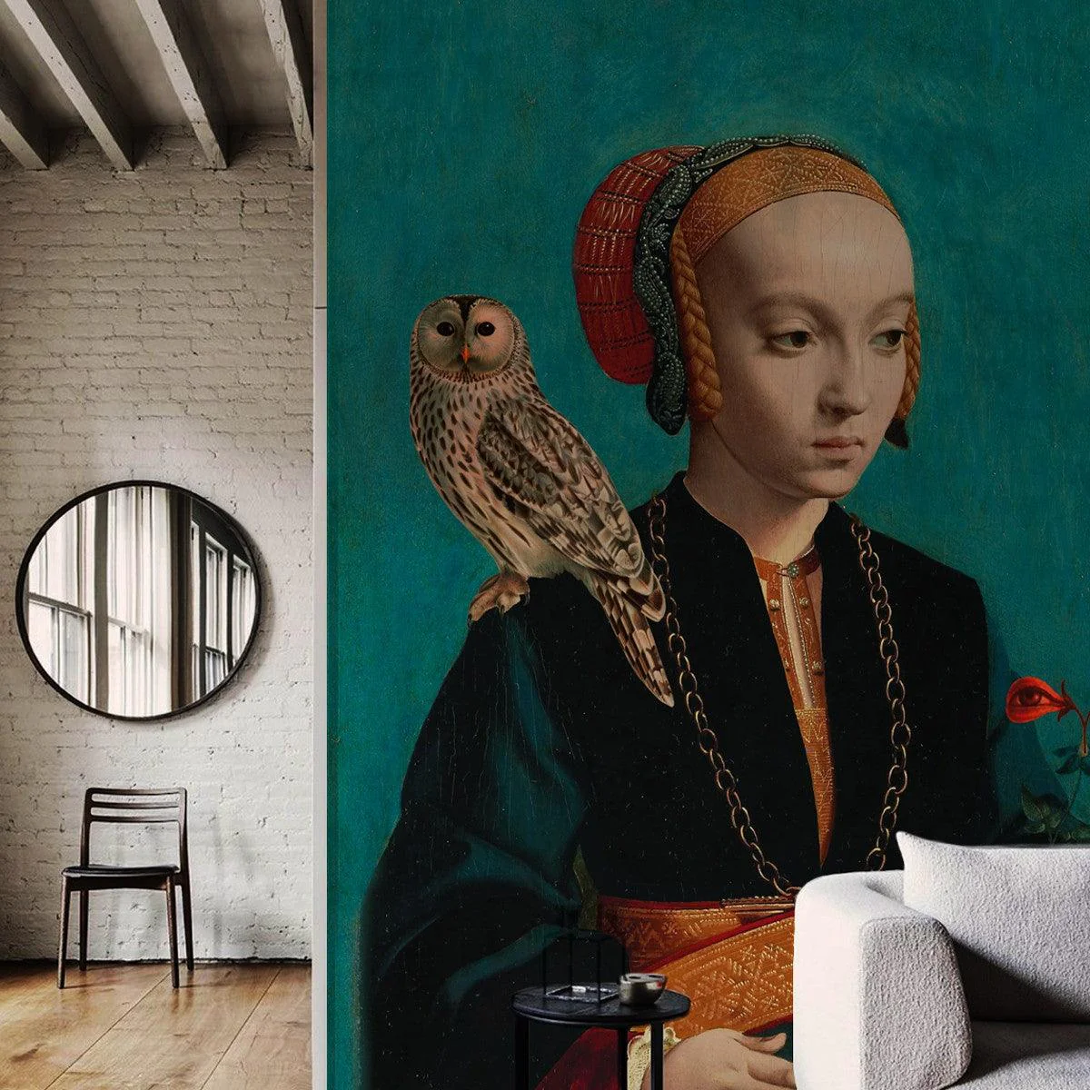 Tapeta flizelinowa portret OWL LADY turkusowy