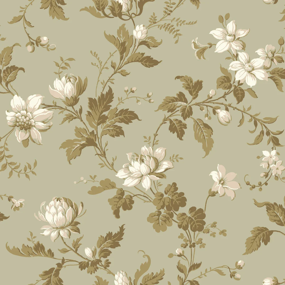 Tapeta flizelinowa papierowa z roślinnym wzorem BLOMSLINGA zielony z białym