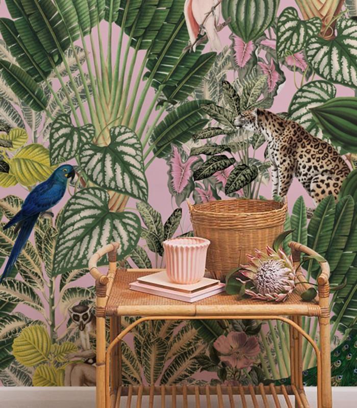Tapeta flizelinowa z motywem roślinnym i zwierzęcym PINK JUNGLE jasnoróżowy z zielonym - Image 2