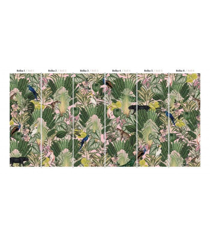 Tapeta flizelinowa z motywem roślinnym i zwierzęcym PINK JUNGLE jasnoróżowy z zielonym - Image 4